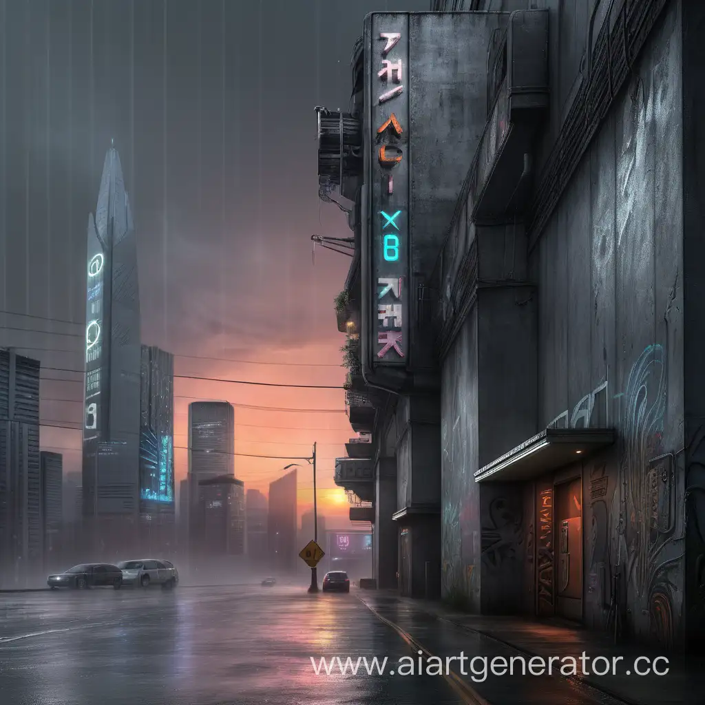 Urban-Cyberpunk-Sunset-Grunge-Cityscape-with-Rain-and-Rock