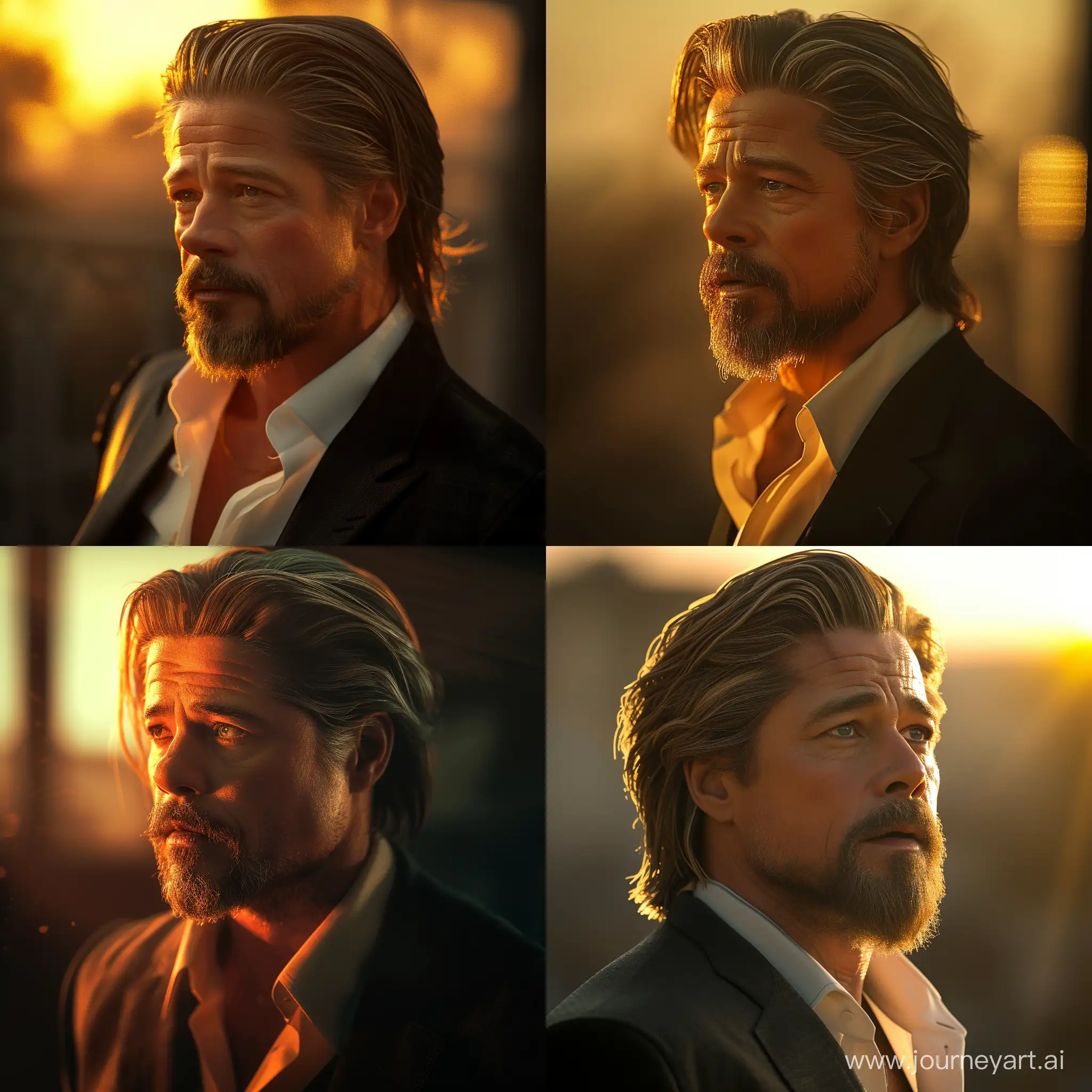Movie Poster Photography: Brad Pitt Wearing Formal Outfit, Medium Hair and Beard, Looking to the Left, Realistic Sunlight Reflections, Creepy Theme, Substance Painter Software, Cinematic Pose, Medium Shot, High Precision--ar 9:16