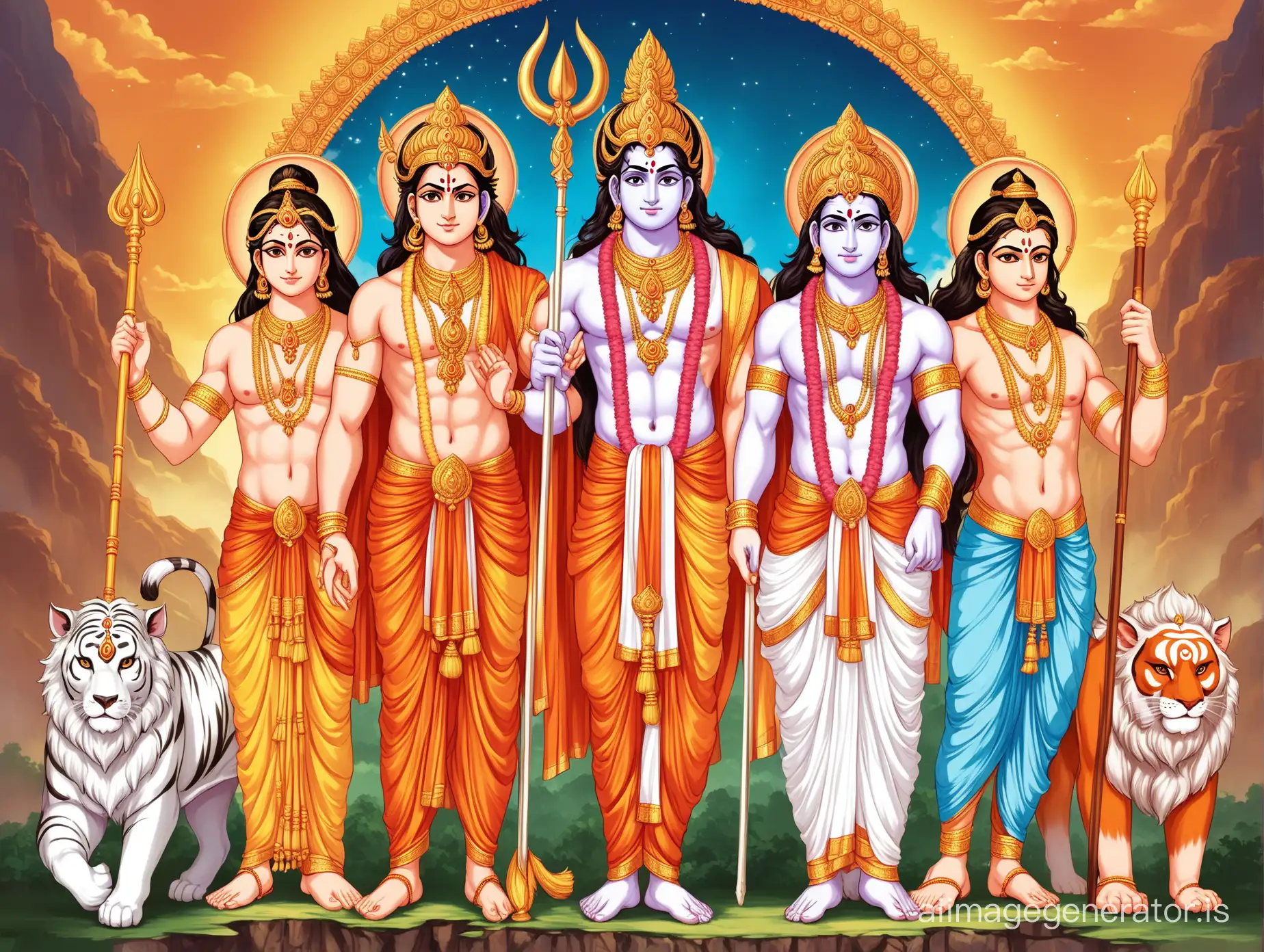 Create an image showcasing the divine unity of Lord Ram, Sita, Lakshmana, and Hanuman, symbolizing loyalty, devotion, and unwavering righteousness.