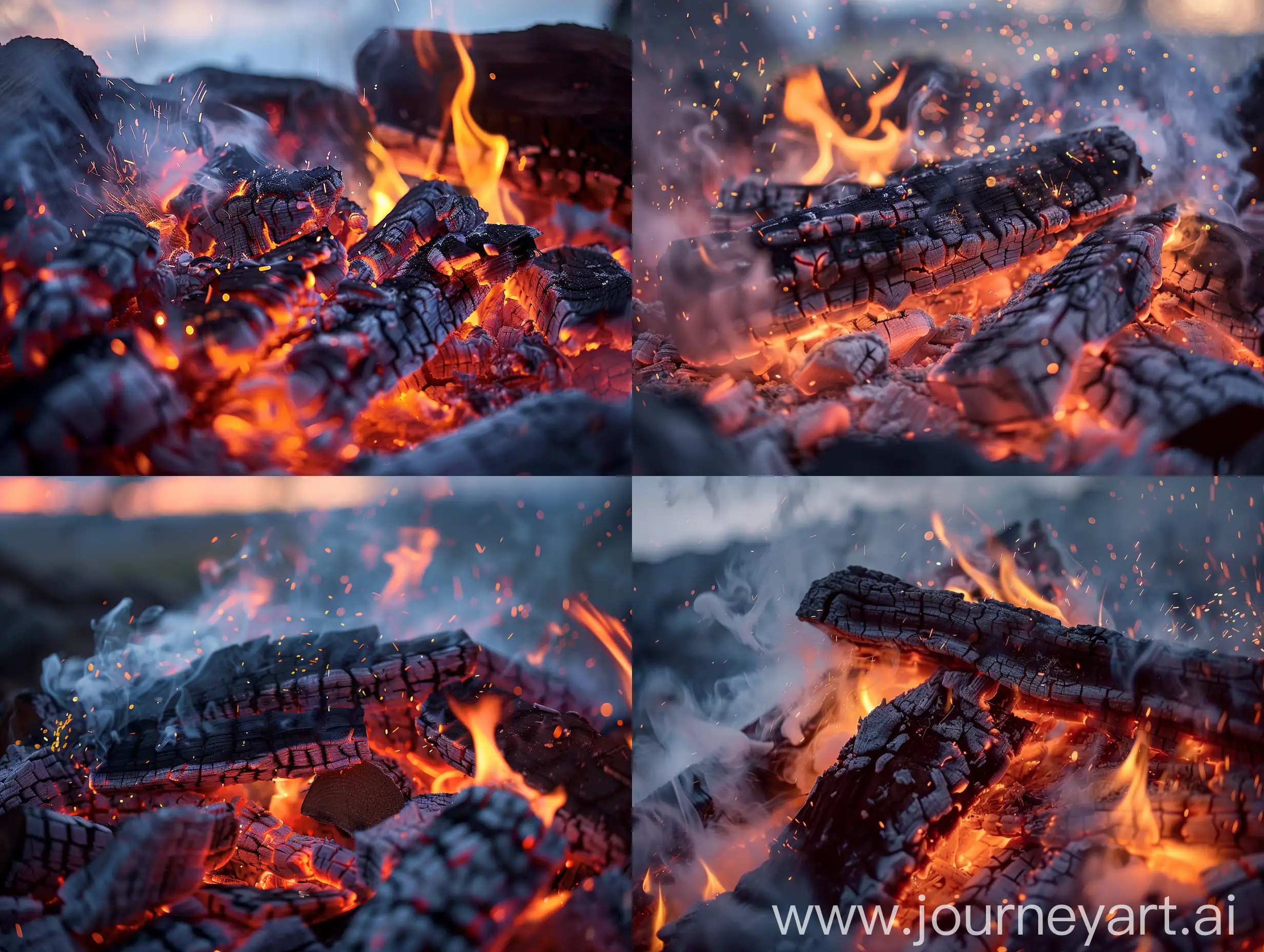 Closeup-Bonfire-with-Glowing-Coals-and-Sparks-at-Dusk