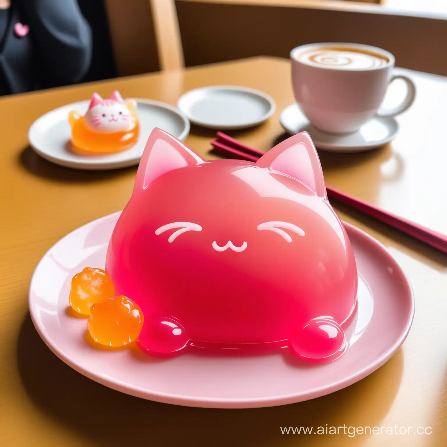 Желе в виде котика розового цвета на тарелке на столе в кафе в японском стиле