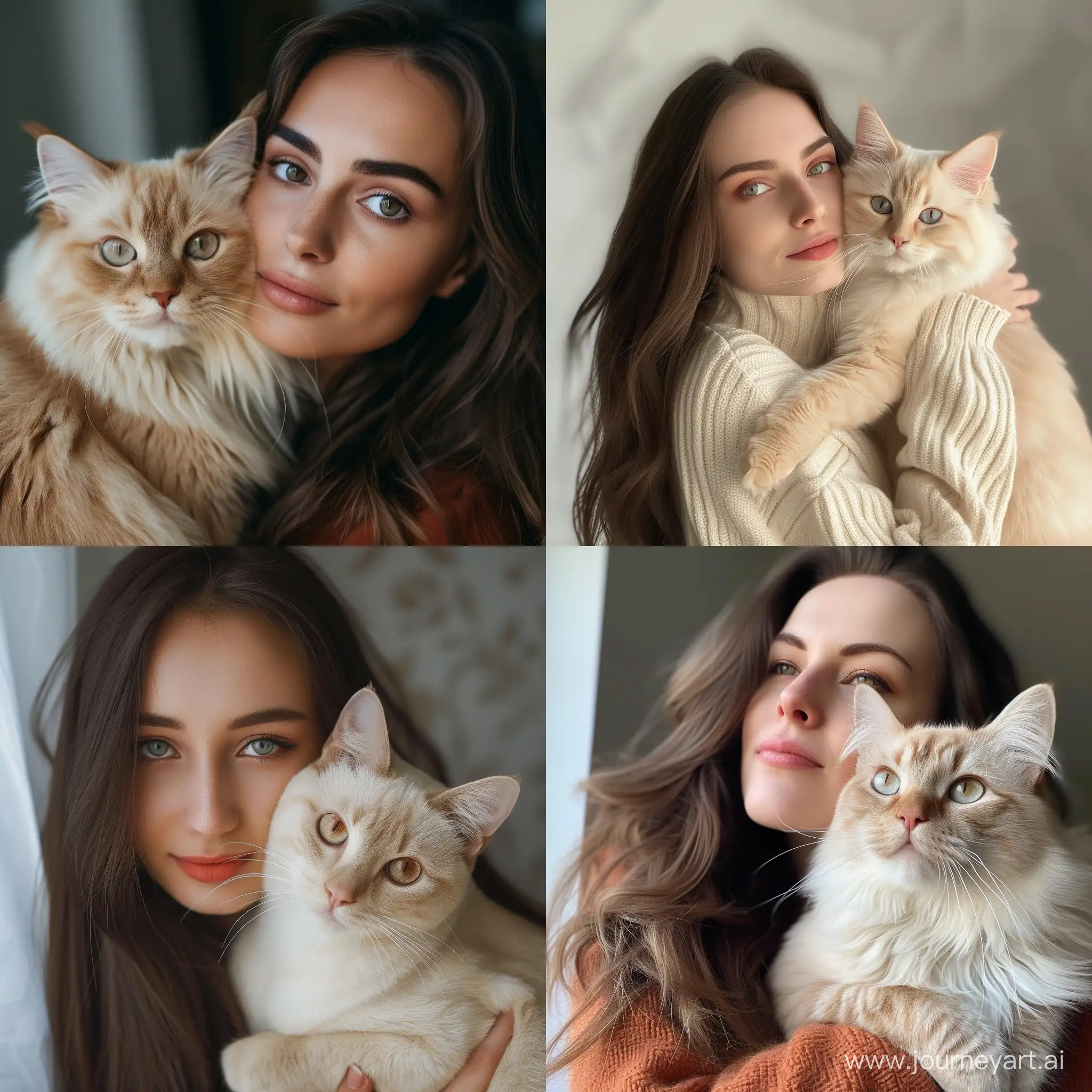 Chic-Brunette-Posing-Gracefully-with-Cream-Kuril-Bobtail-Cat