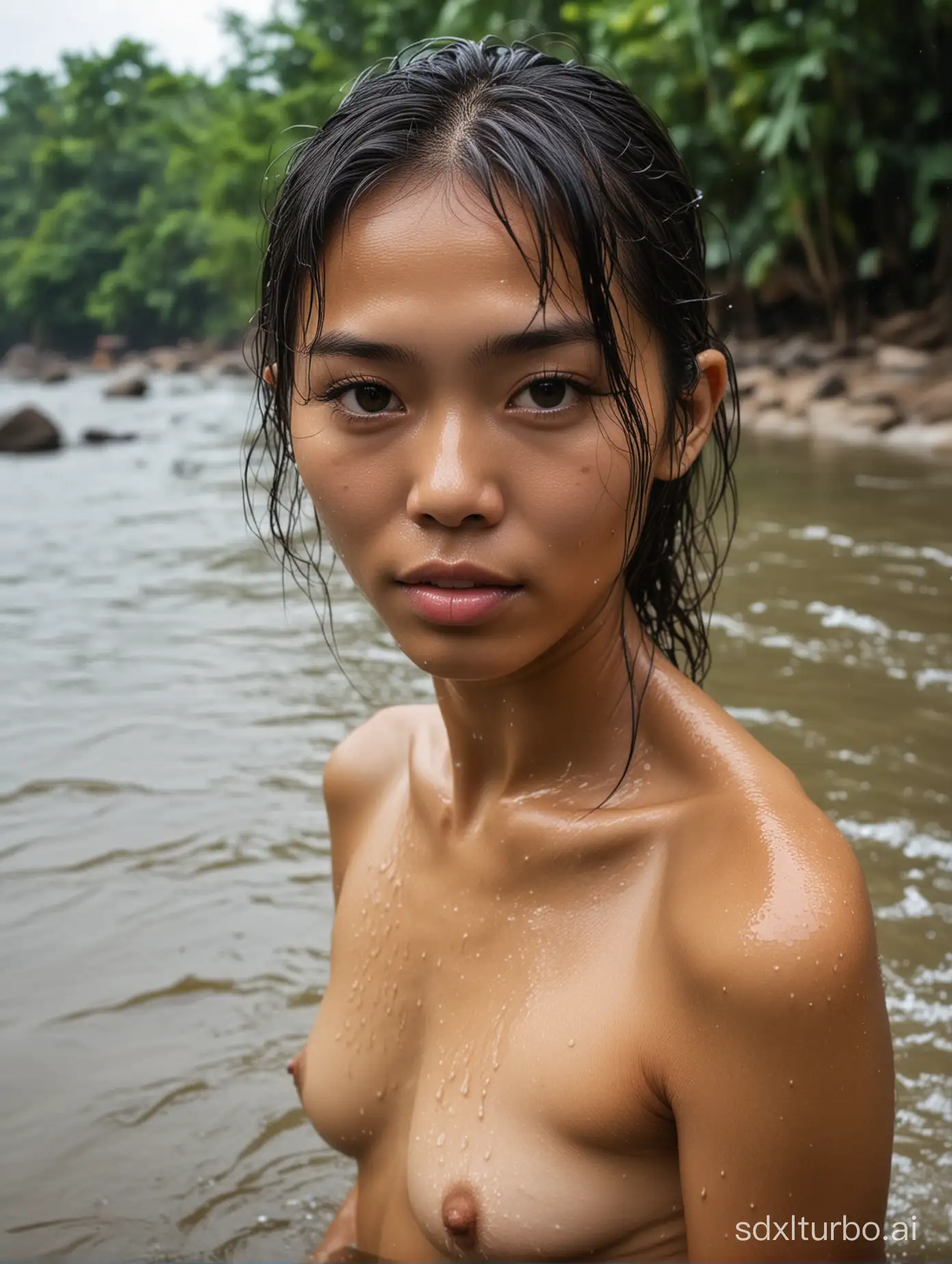 naked petite southeast Asian woman in a river, wet hair, close shot
