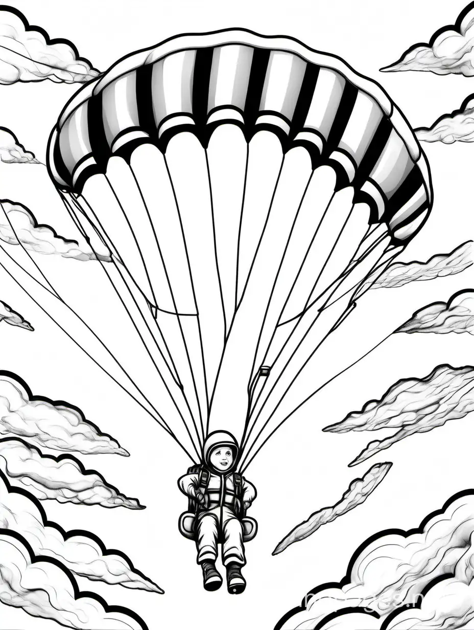 grayscale parachutist, Coloring Page, black and white, line art, white background, Simplicity, Ample White Space. The background of the coloring page is plain white to make it easy for young children to color within the lines. The outlines of all the subjects are easy to distinguish, making it simple for kids to color without too much difficulty