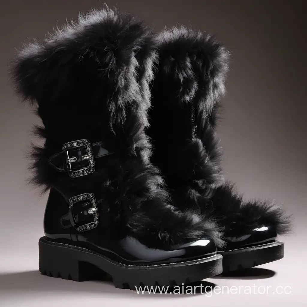 Fur footwear, half-boots, black, black fur, rock, super furry