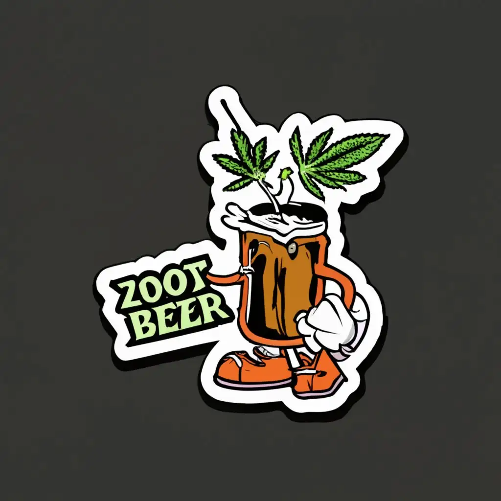 logo, Sticker of a cartoon root beer soda character holding cannabis, with the text "Zoot-Beer", typography