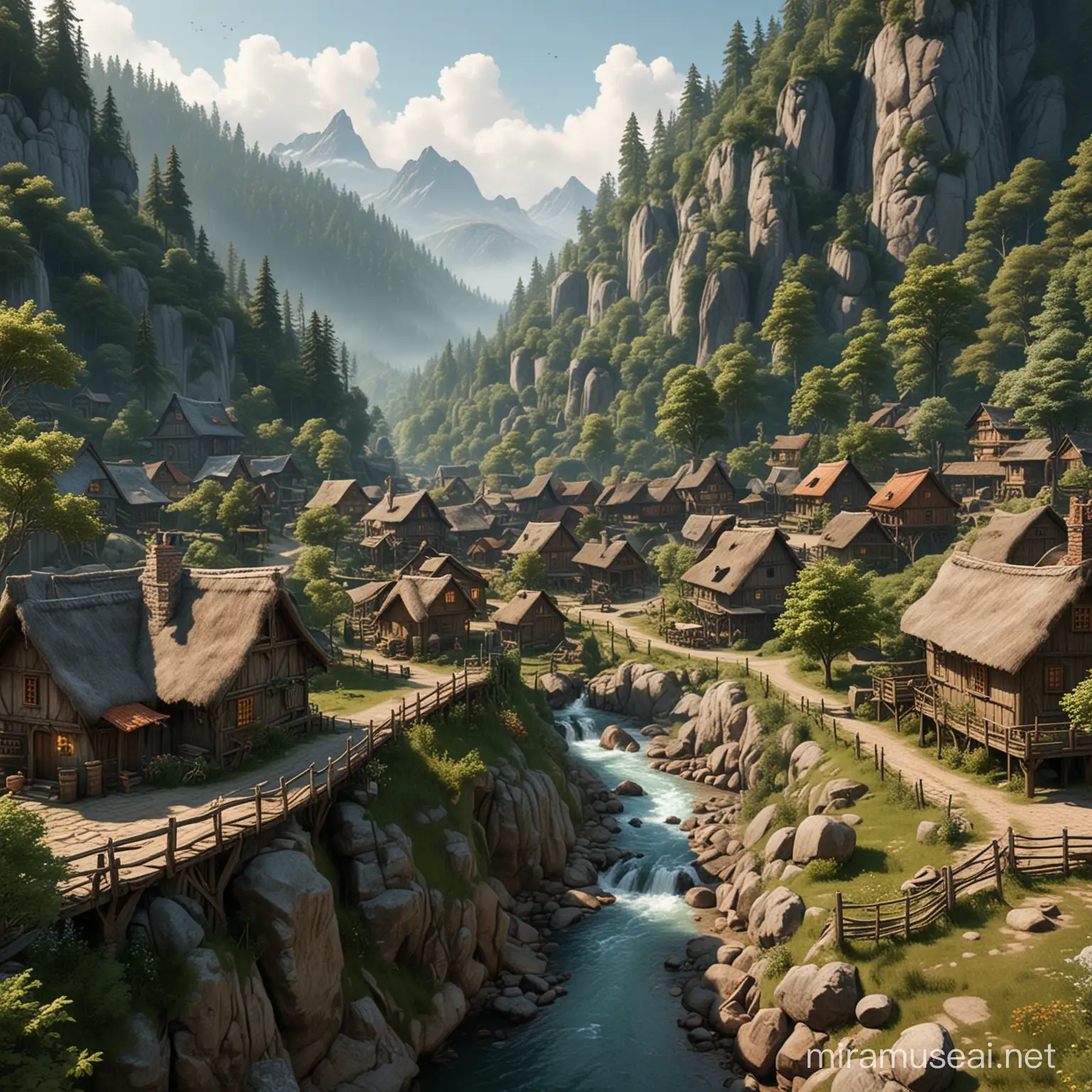 a forested village, magical yet realistic, beautiful yet rugged
