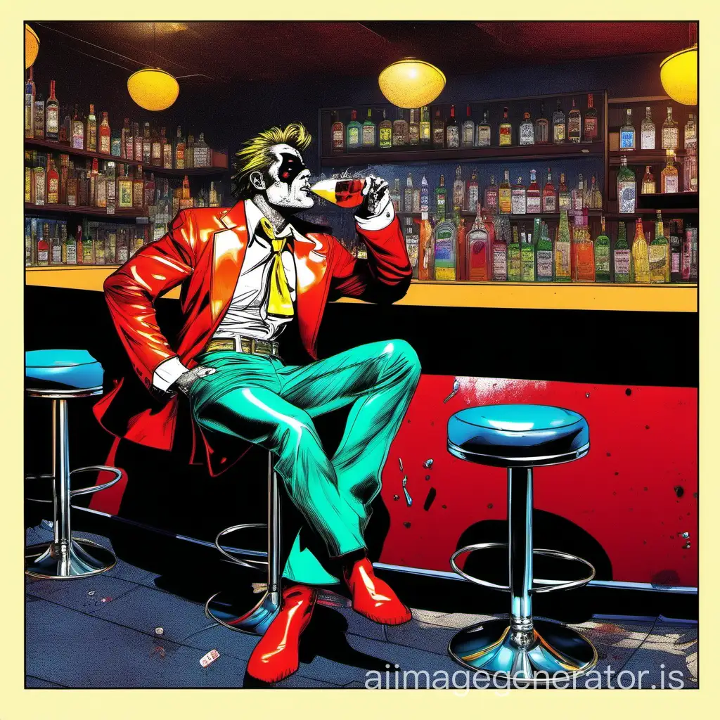 Visibly sloppy Drunk Male Generic action hero, colorful costume, drinking a martini, smoking cigarette, sitting in a bar, seen from across the room