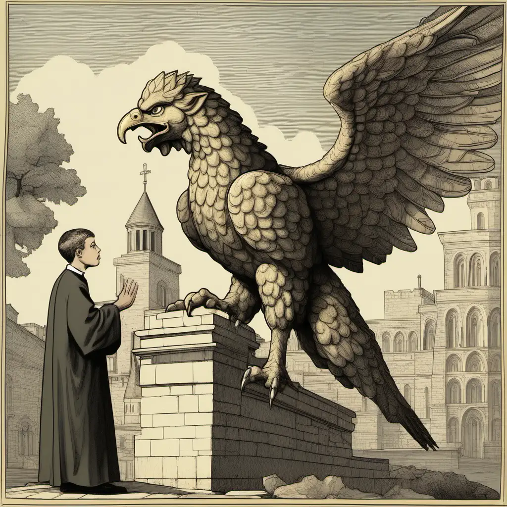 Contrary to expectations, the griffin doesn't attack. Instead, it gazes at a young clergyman with curiosity and interest.