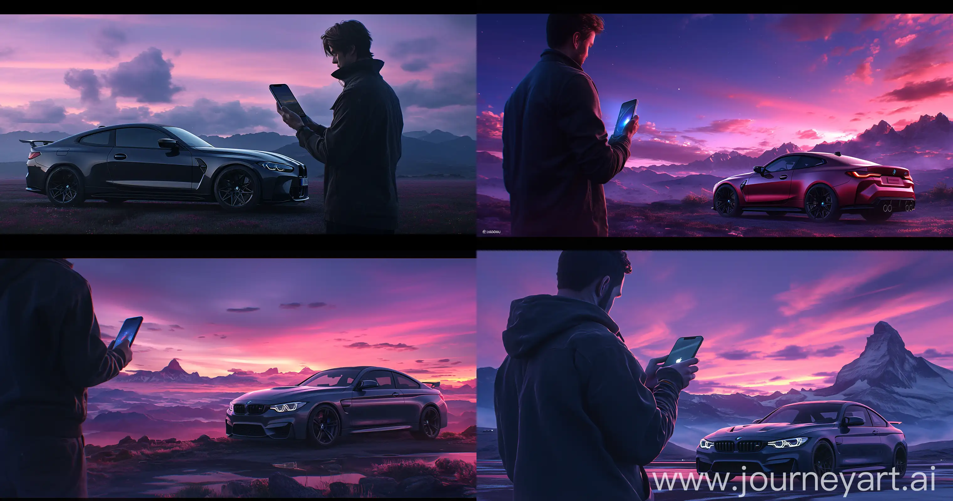 BMW M4 parked in a scenic landscape, dramatic long shot, purple twilight sky backdrop, mountains, influenced by Christopher Nolan's IMAX cinematography, detailed car showcase, man holding an iPhone 15 Pro Max with screen visible, wallpaper-worthy, expansive, high fidelity, aspect ratio equivalent to IMAX --ar 19:10 --s 600 --niji 6