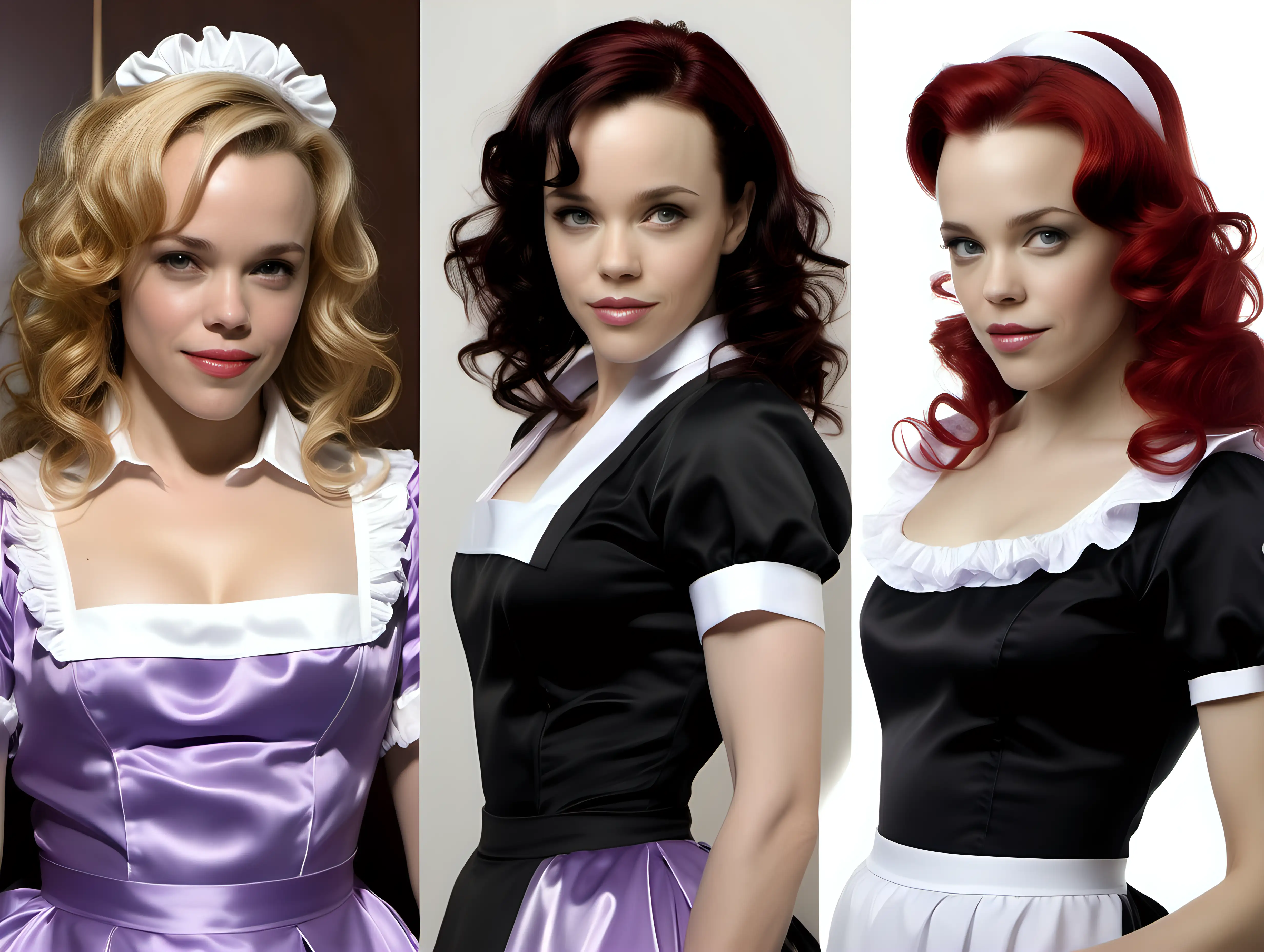 litle girls in long crystal satin retro maid lilac black uniforms and milf mothers long blonde and red hair,black hair rachel macadams