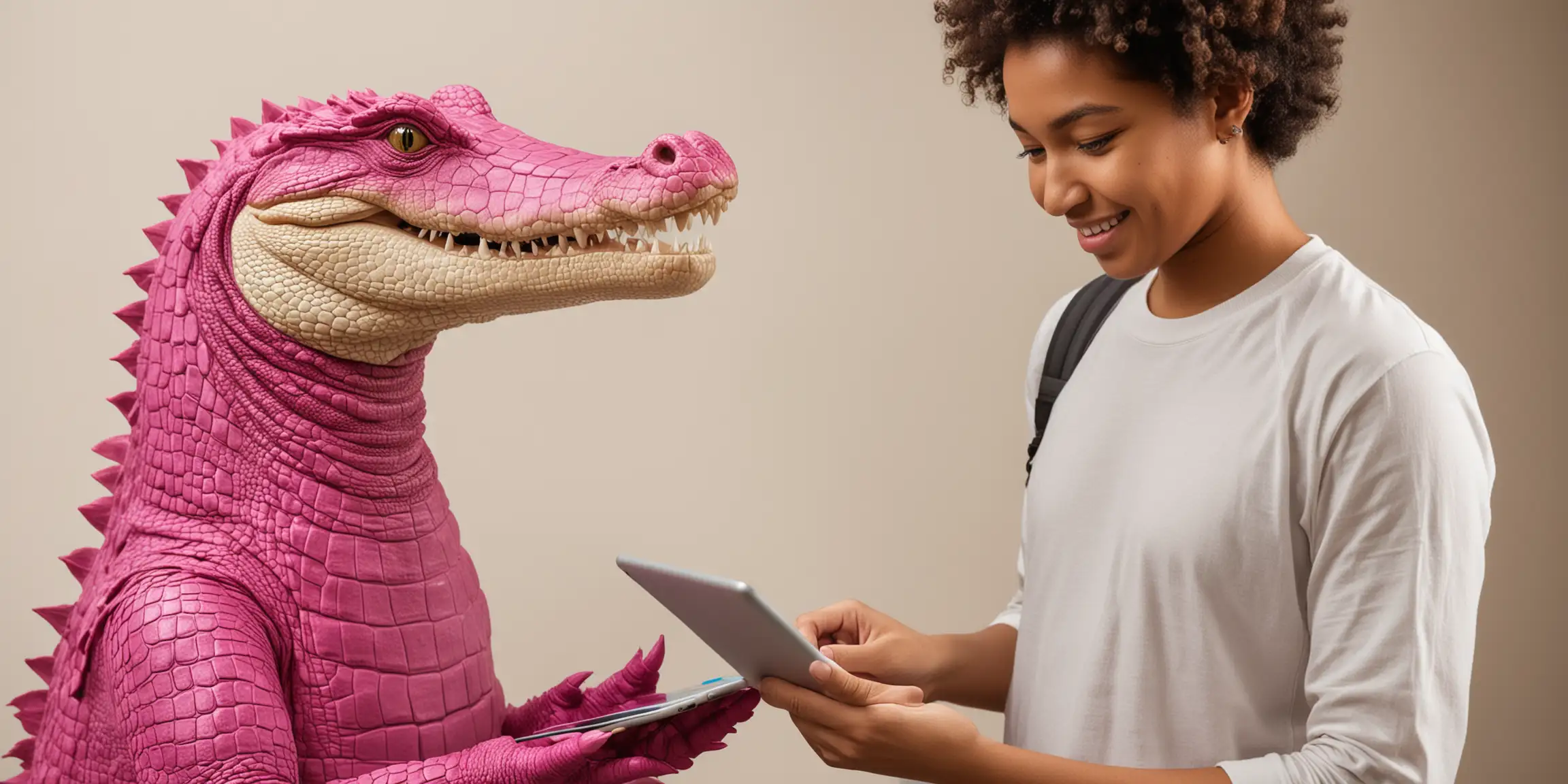 Magenta Crocodile Conducting iPad Questionnaire with College Student