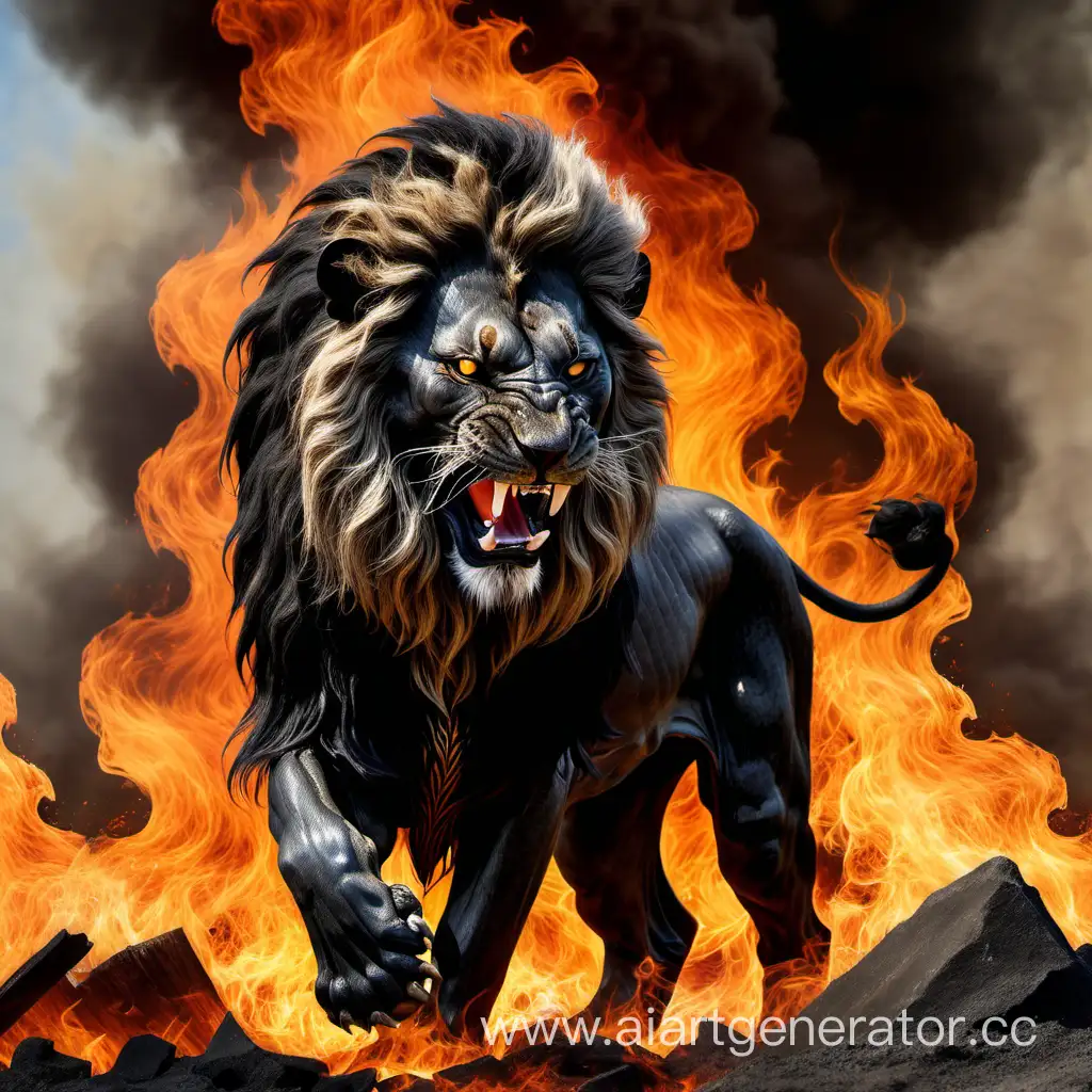 The black lion comes out of the fire and roars