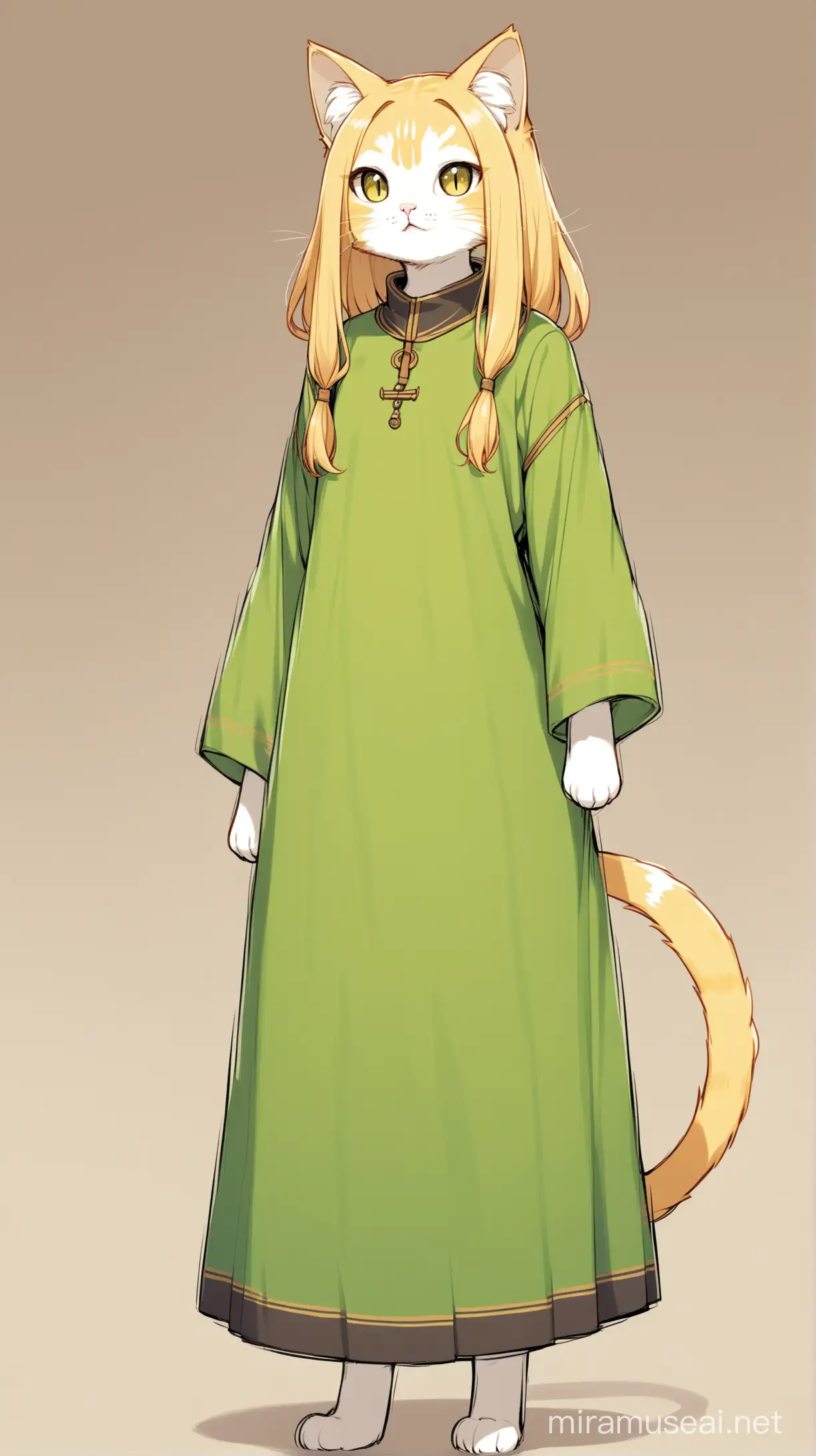 un chat comme humanoïde au cheveux beurre, porte de longs vêtements
