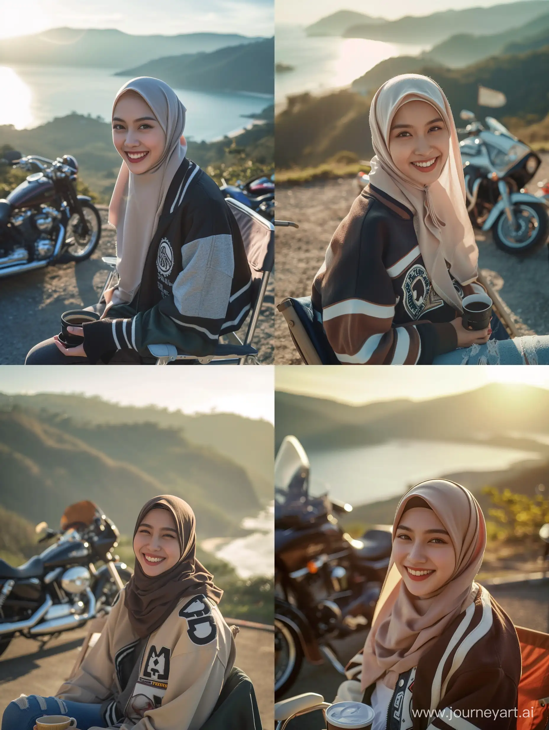 Beautiful woman wearing a Korean hijab (25 years old, oval and clean face, ideal body, Indonesian skin, smiling, wearing a cool varsity jacket, her face looks very detailed. The woman is sitting on a folding chair, behind her is a beautiful view of the mountains and ocean, alone while holding coffee, the sun is shining in the background, there is a Harley motorbike nearby, ultra HD, real photo, high detail, very sharp, 18mm lens, realistic, photography, leica camera