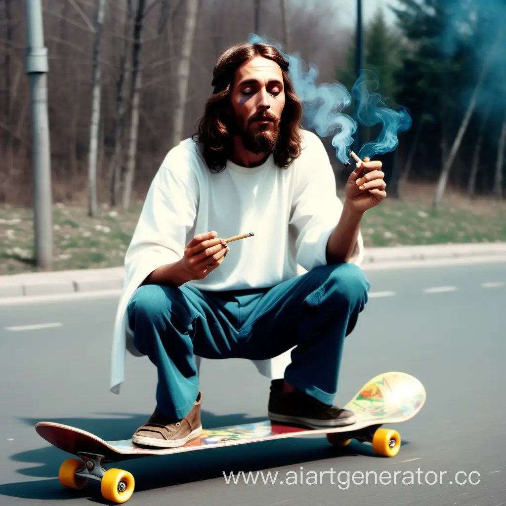 Jesus-Skateboarding-with-a-Joint-near-a-Vintage-Lada