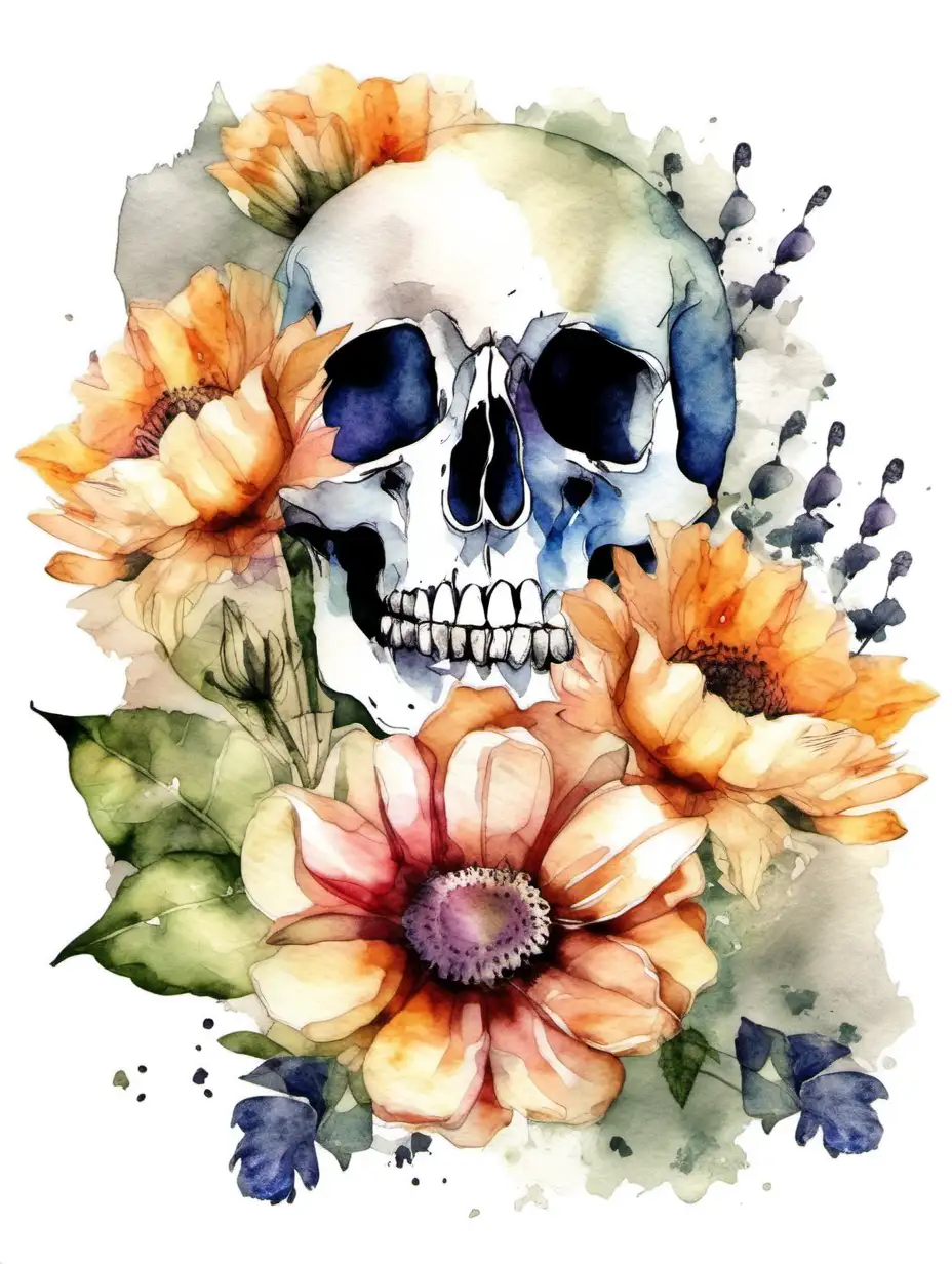 skull with anemone blossoms in the style of water color, white background