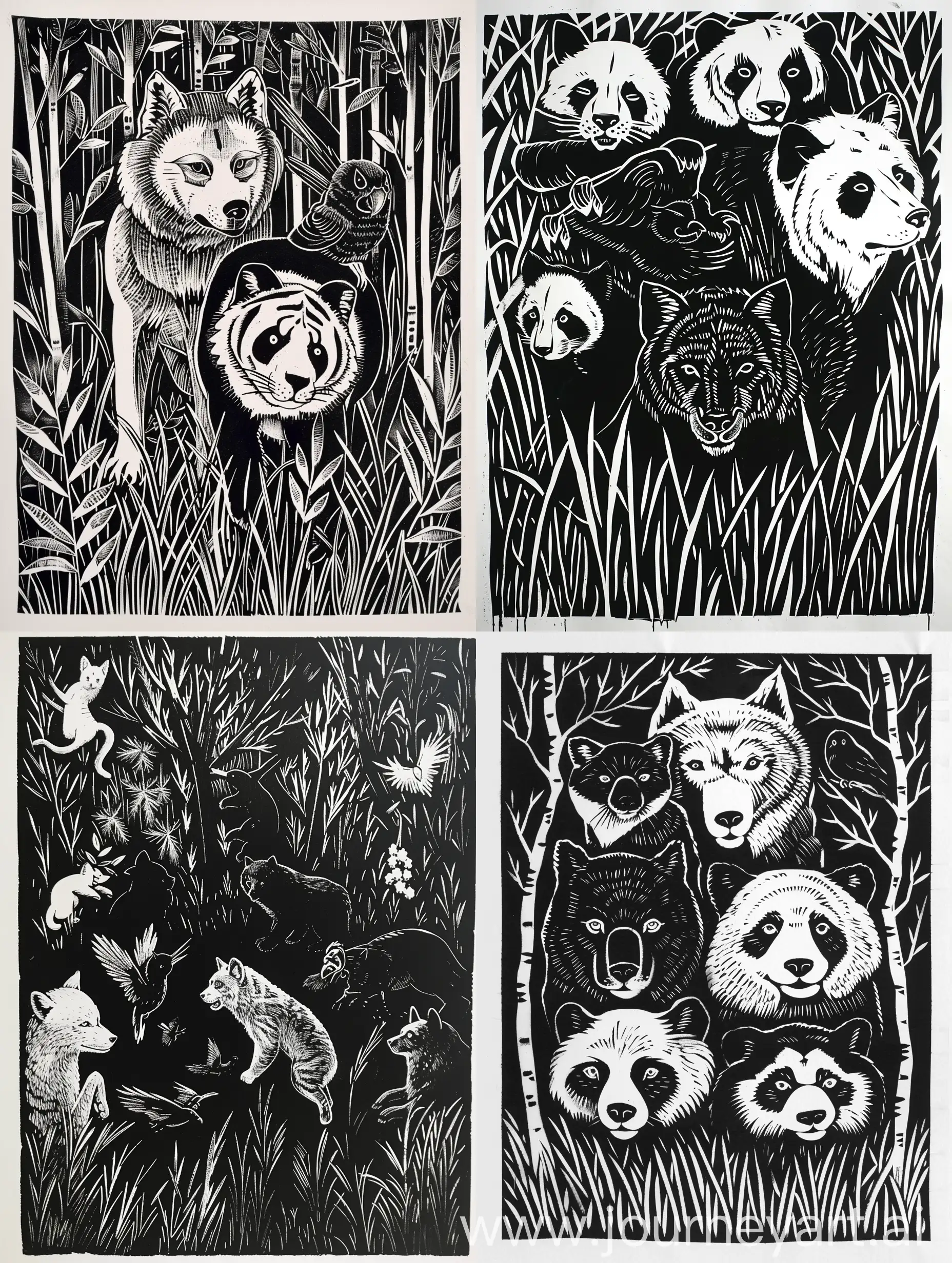 This is a series of black and white woodcut prints with themes of wolves, tigers, cats, parrots, and pandas. Each artwork is required to have a background mainly of grass and trees, and diverse knife techniques and language. The overall use of various knife techniques and techniques to depict rich hierarchical changes, with clear processing intentions and harmonious changes in each image.