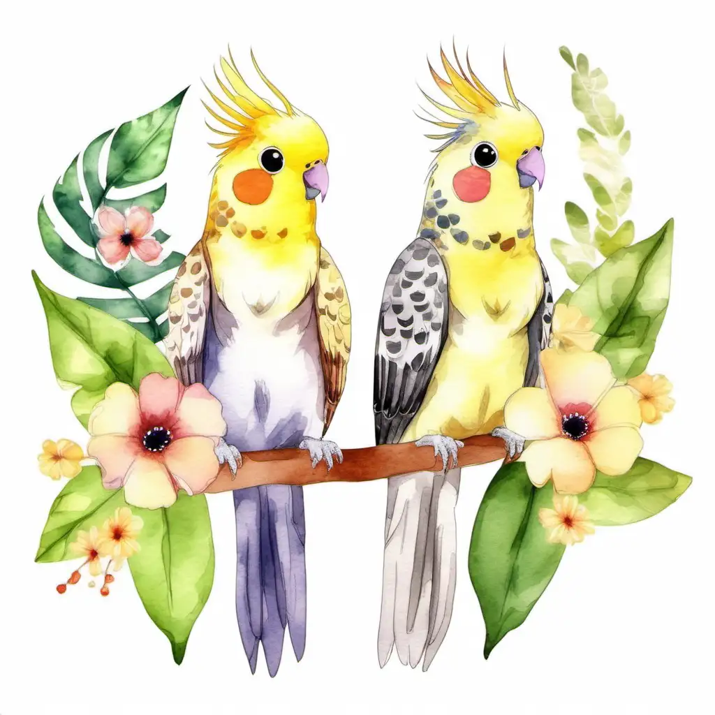 Watercolor Cockatiel Clipart - cute pet cockatiel birds with flowers and leaves