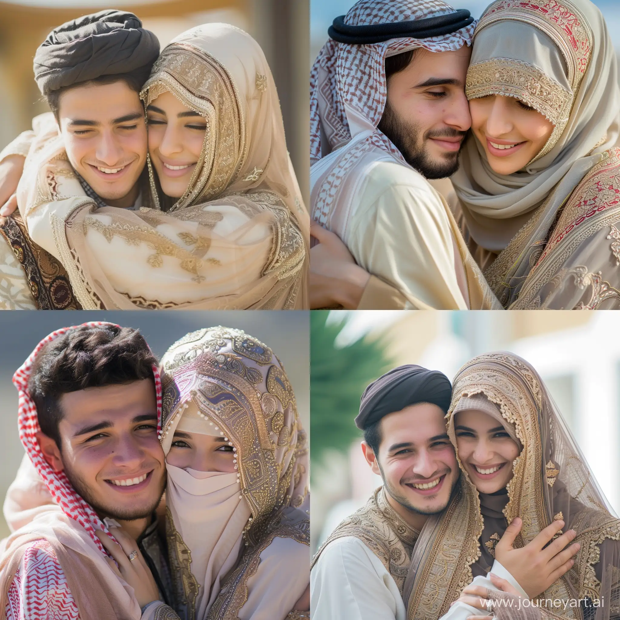 Real and natural photo of a young man in Arabic clothes embracing a fully veiled Arab woman. They both smile. Both are beautiful. The details of the faces are clear. --v 6 --ar 1:1 --no 96092