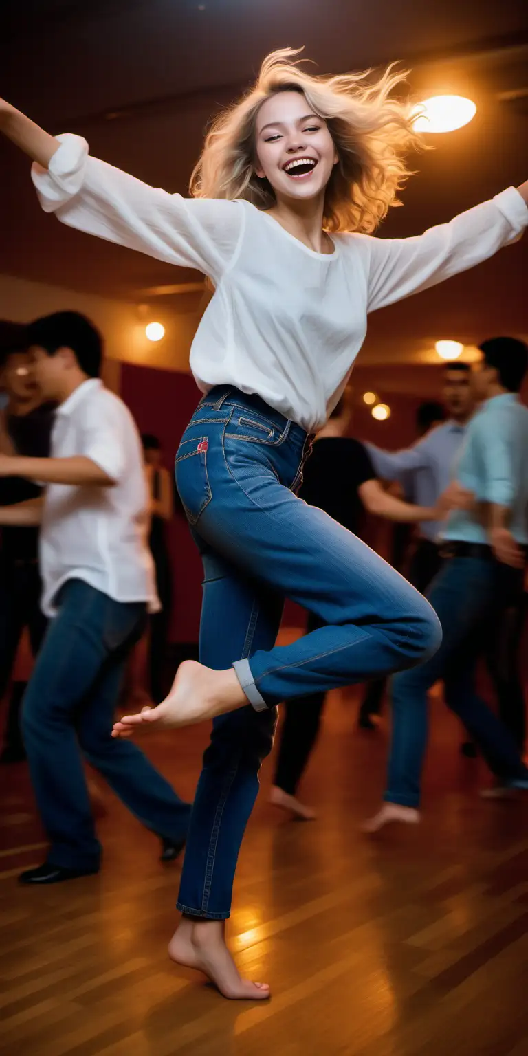 
Auf der pulsierenden Party wirbelt eine 23-jährige Frau voller Leben über die Tanzfläche. Ihr strahlendes Lächeln und ihre energetischen Bewegungen ziehen die Blicke der anderen Gäste auf sich. In einer blauen Jeans und einem lockeren, weiten Oberteil fühlt sie sich frei und ungezwungen.

Mit jeder Drehung und Bewegung der Hüften strahlt sie eine Aura von Freude und Lebenslust aus. Die blauen Jeans, perfekt auf ihre Figur abgestimmt, betonen ihre Kurven auf eine lässige Art und Weise, während das weite Oberteil ihre Bewegungen elegant begleitet.

Entschlossen und selbstbewusst hat sie ihre Schuhe ausgezogen, um sich uneingeschränkt auf der Tanzfläche bewegen zu können. Ihre nackten Füße spüren den Rhythmus der Musik und verleihen ihrem Tanz eine ganz besondere Leichtigkeit.

Das Licht der Scheinwerfer tanzt auf ihrem blonden Haar, das sich bei jedem Schritt sanft bewegt. Die Musik erfüllt den Raum und trägt die Energie der Feier in die Nacht hinaus.

Inmitten der Menschenmenge strahlt die 23-jährige Frau eine ansteckende Fröhlichkeit aus und lässt die Party mit ihrer ausgelassenen Stimmung zu einem unvergesslichen Erlebnis werden.