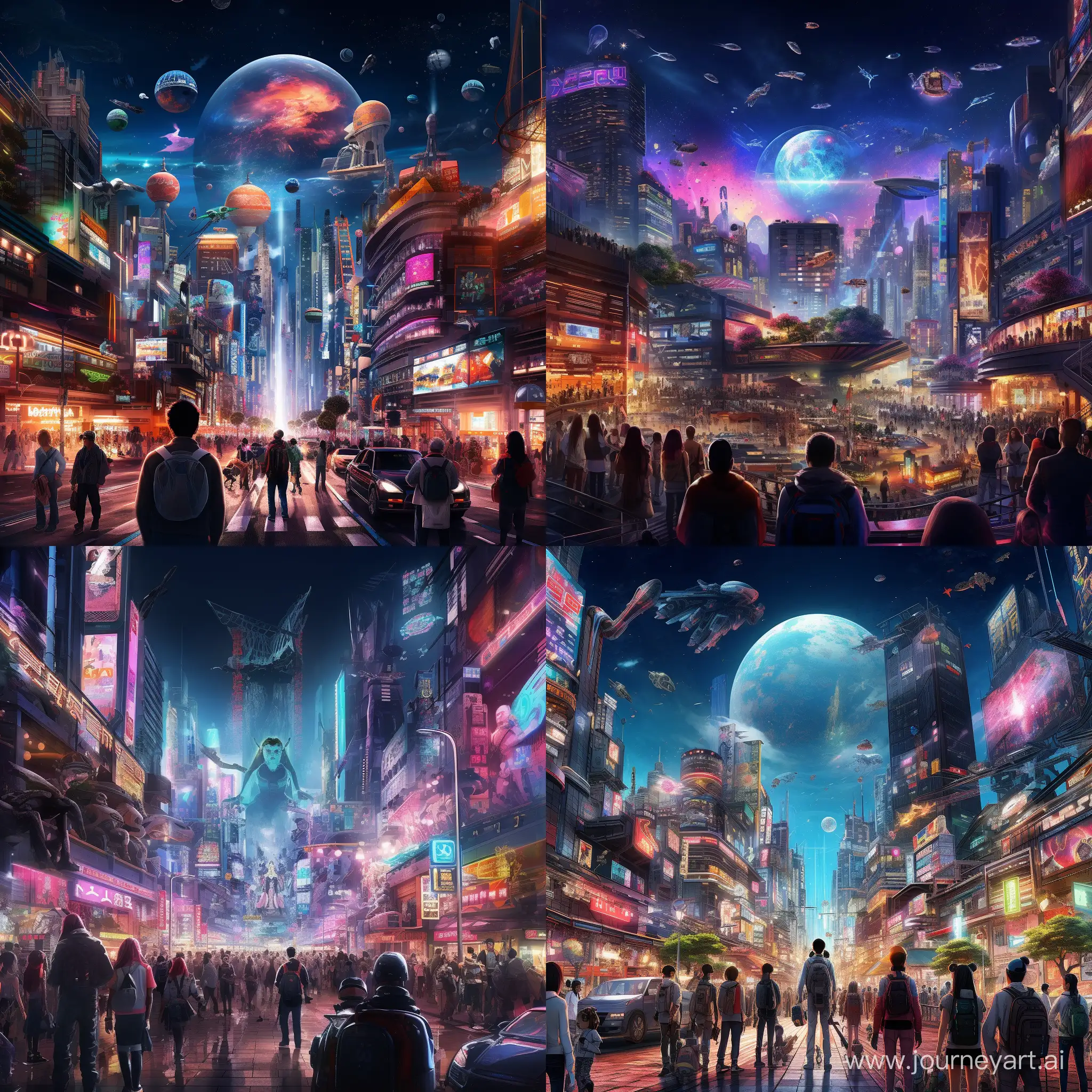 a futuristic cyberpunk cityscape at night with towering neon-lit skyscrapers, flying cars, and a diverse crowd of humans and androids