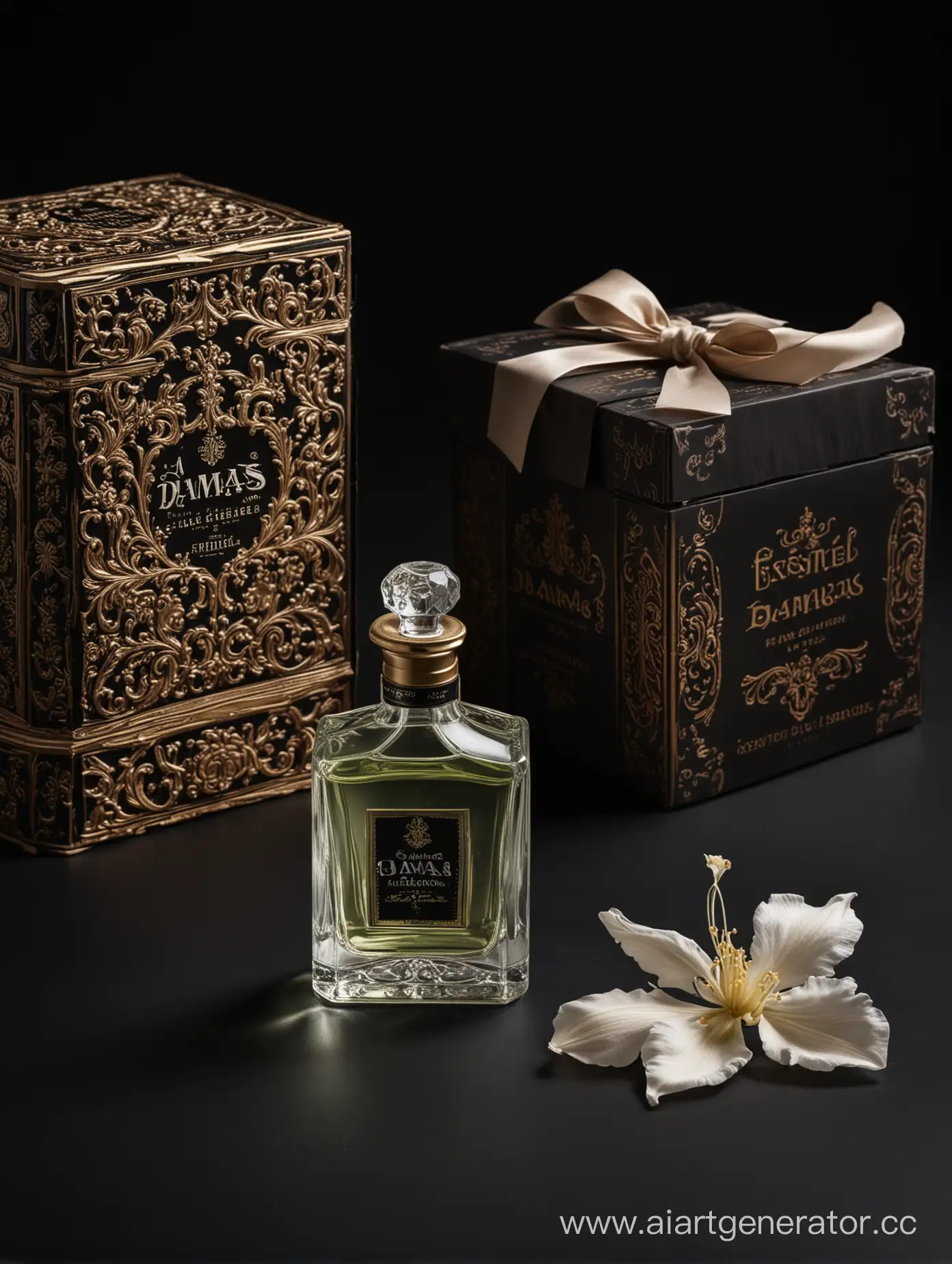 a bottle of damas cologne sitting next to a box, a flemish Baroque by Demetrios Farmakopoulos, instagram contest winner, dau-al-set, dynamic composition, contest winner, feminine
black background