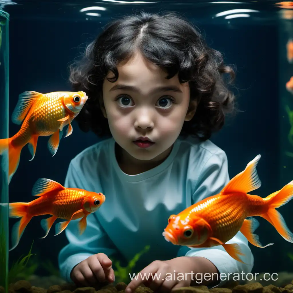 CurlyHaired-Kazakh-Girl-Mesmerized-by-Goldfish-Magic