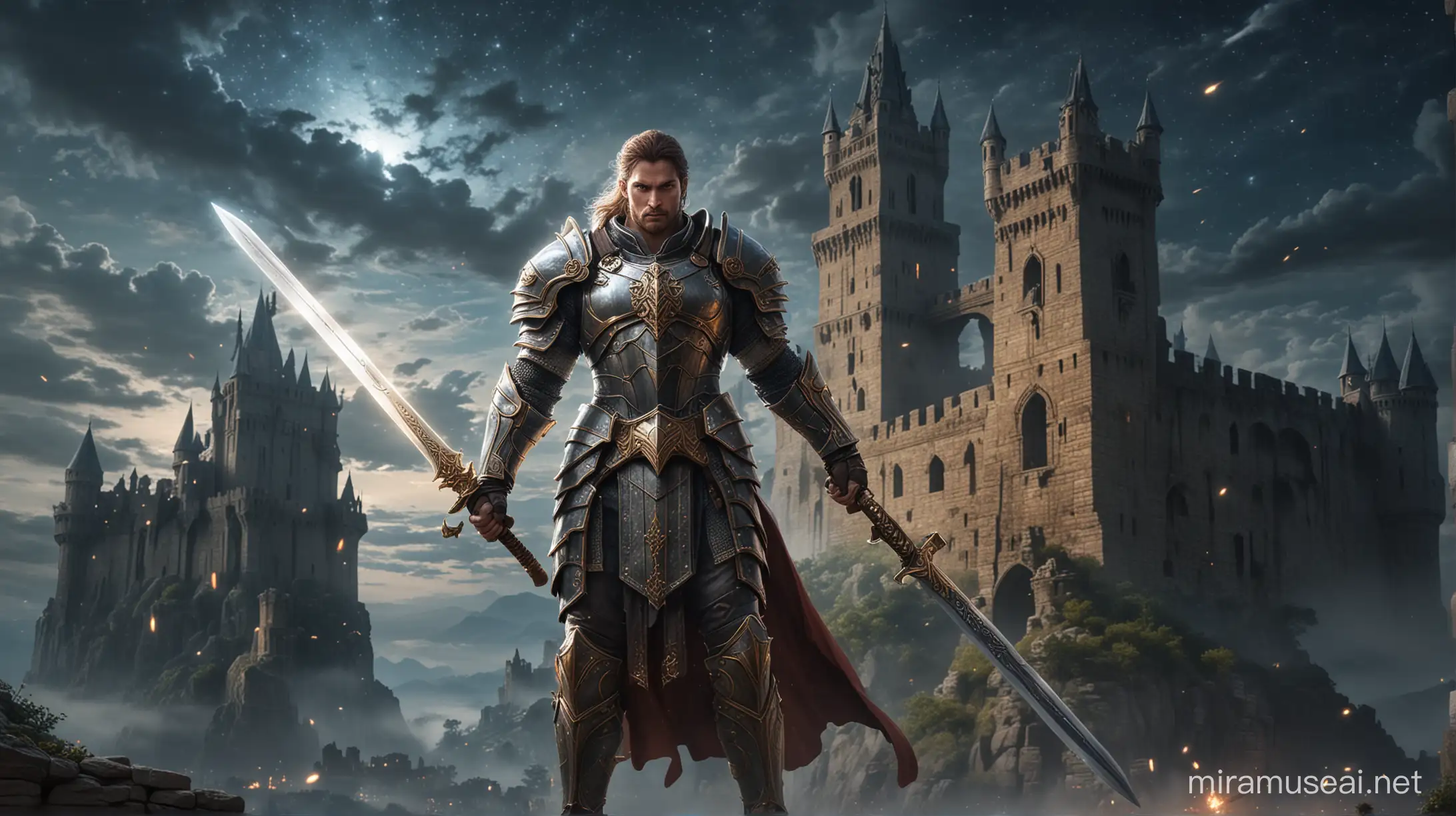 Heroic paladin in armor, wielding a sword, standing before a mystical, ancient castle under a starlit sky.
