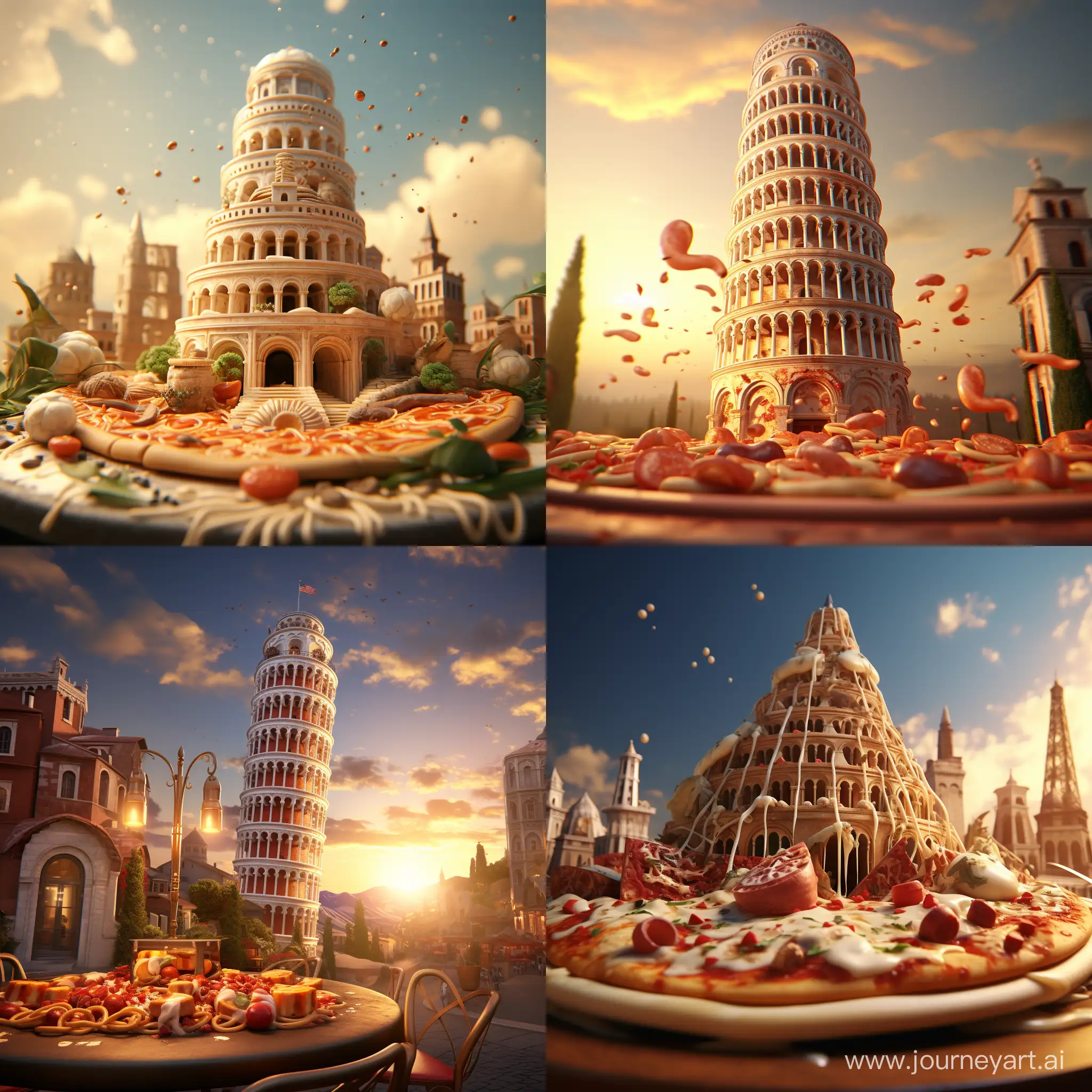 Pizza in front of Leaning Tower of Pisa :: 3D animation 