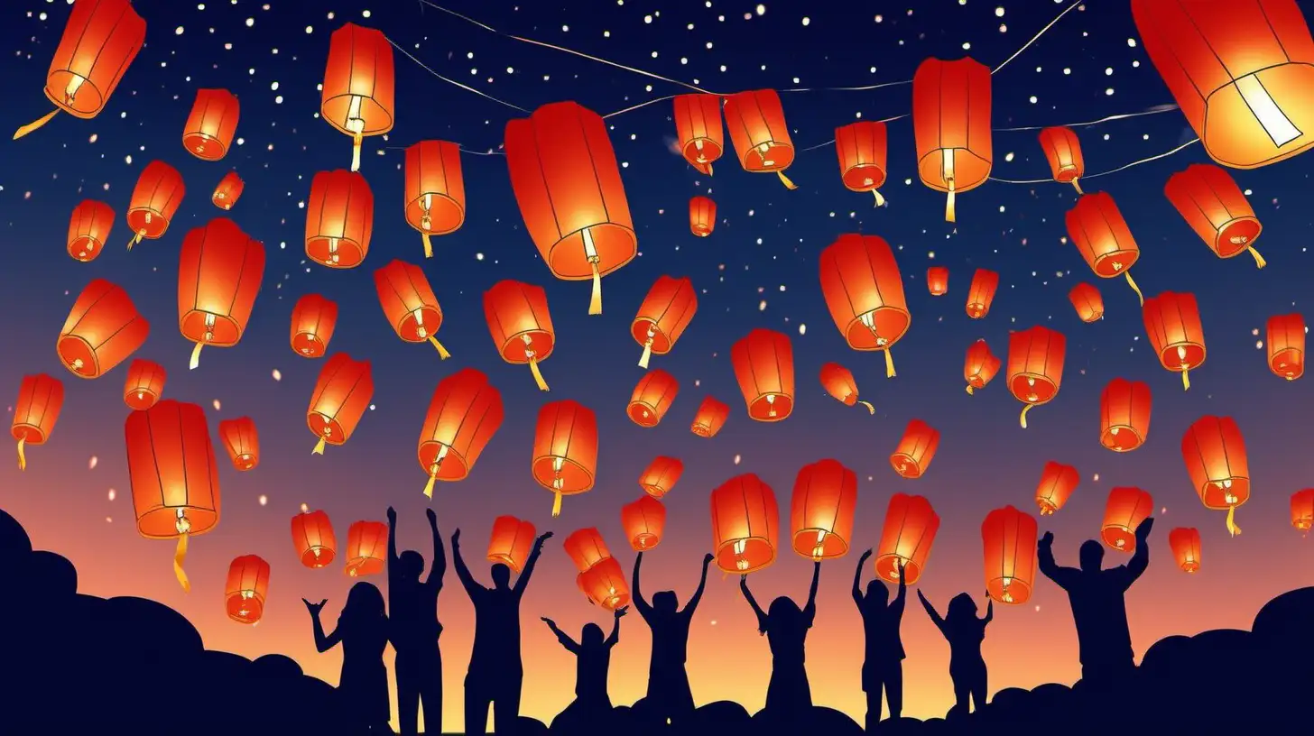 "Craft an image of a group of friends launching colorful sky lanterns into the night sky to mark Independence Day."