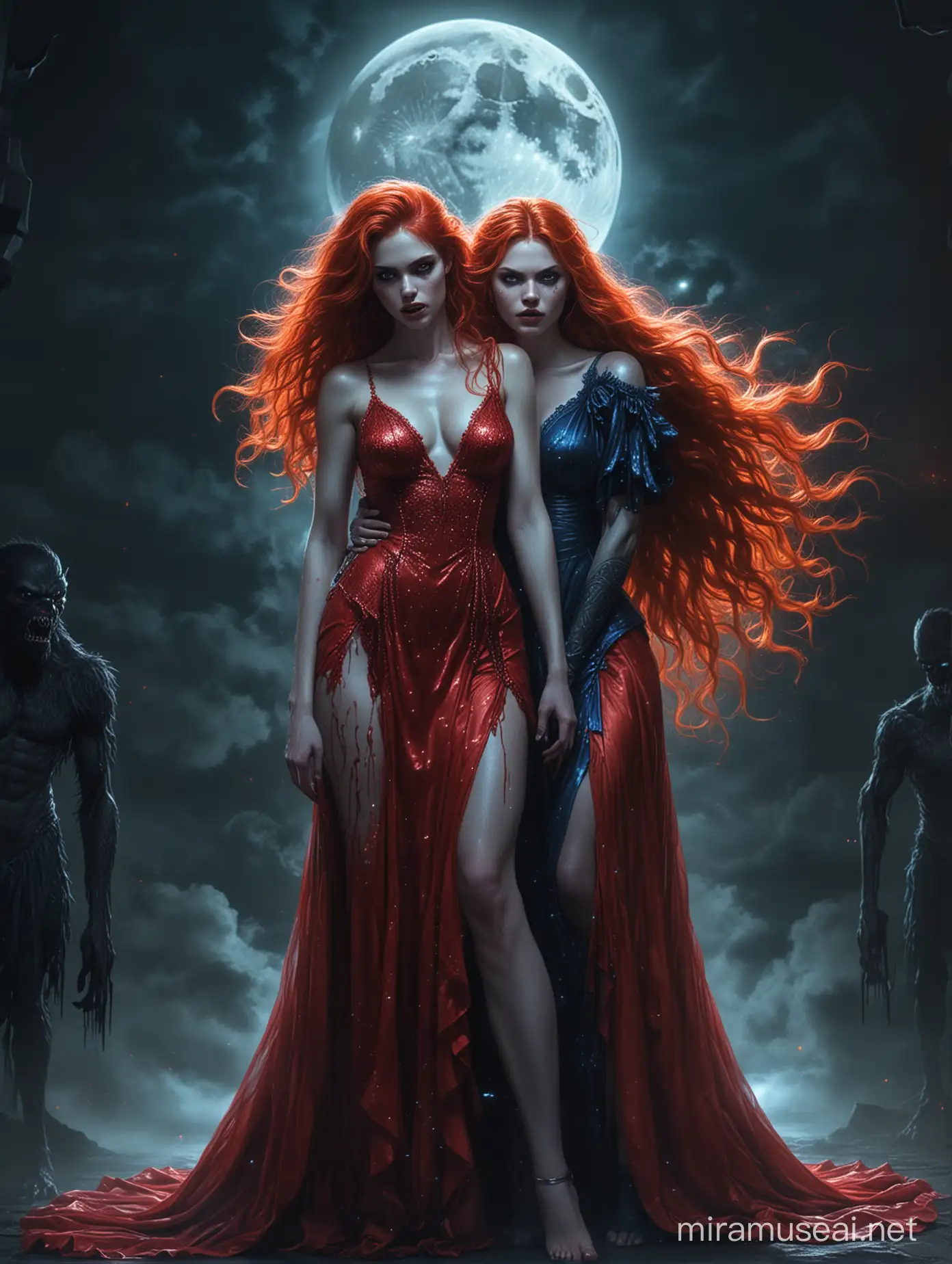 Two beautiful red hair ladies in a glowing bloody red dress and the other in a sparkling blue glowing dress, leaning back to back against each other, with a mighty black creepy werewolf standing fierce behind her in the dark night, and a glowing moon with a goddess face shining inside it.