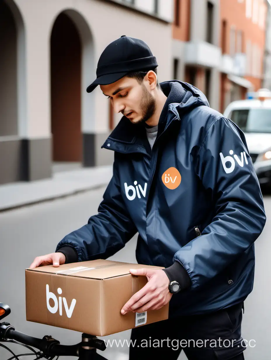 Курьер доставки еды смотрим в навигатор. фото сделанное от бедер и до головы, мужчина в куртке с логотипом "БиВ"