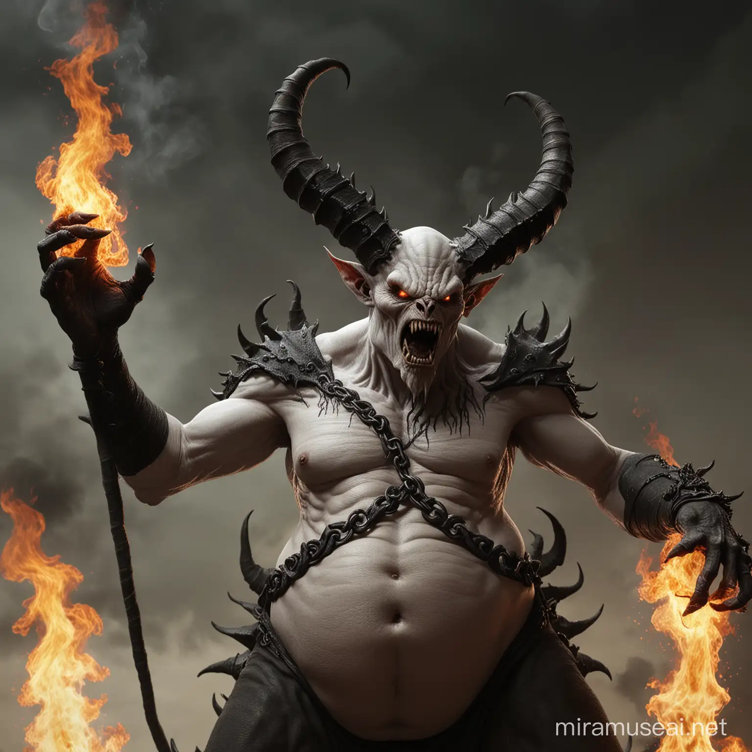 overweight demon, white and black in appearance. Having a great curved horn on top of head. EIght legged with the two flaming hand, realistic, high cgi