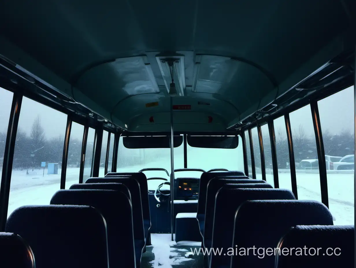 автобус изнутри вечер холодная мрачная погода снег ночь без звезд пустой автобус тусклые лампы
