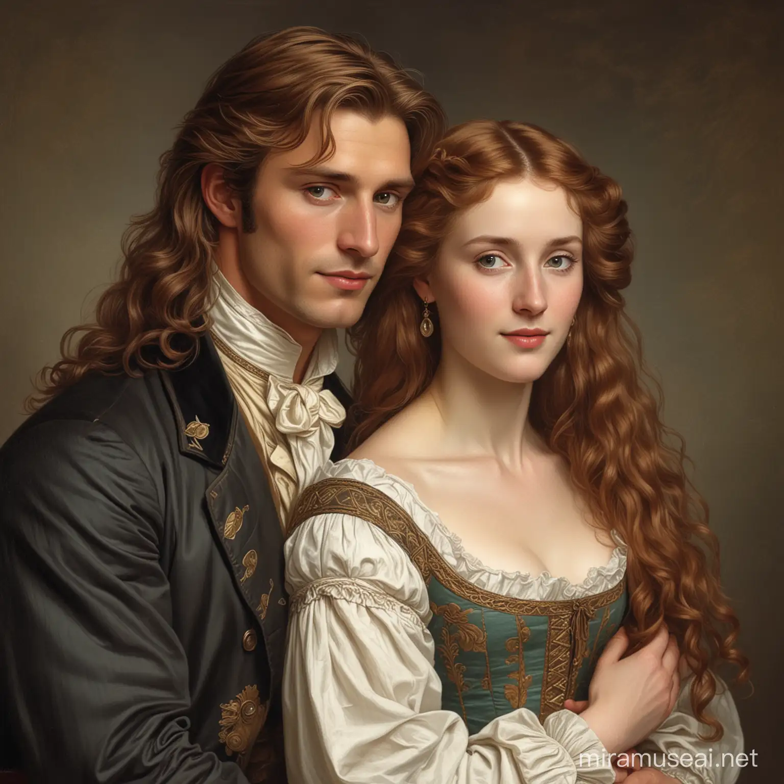 

hombre noble de cabello largo y castaño, tez blanca; junto a una hermosa mujer abrazados. De 1840