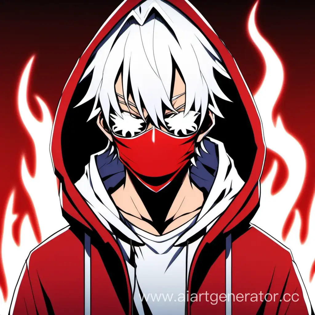 мальчик в красной толстовке с рисунком белого пламени, с белыми волосами ,и с неоновой белой маской в виде рта которая покрывает всё лицо, в стиле аниме