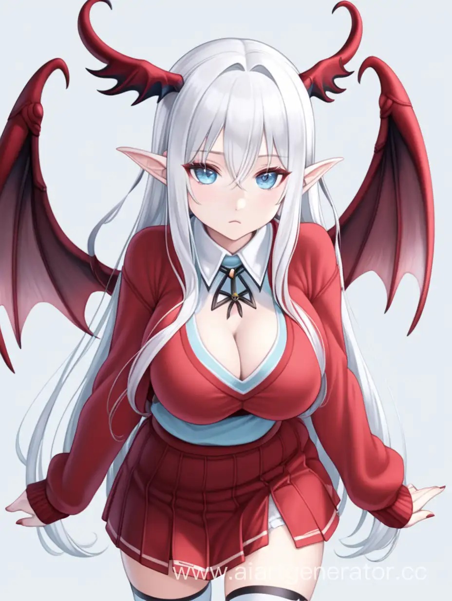 anime girl, long white hair, light blue eyes, red sweater, dark red short skirt, small demonic wings on her head, white background, full body, coquettishly face, elf ears, big boobs