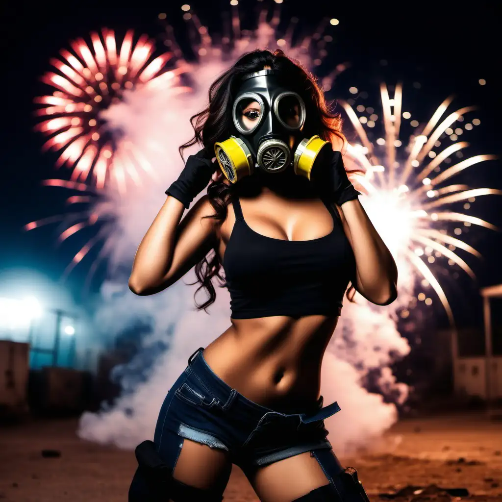 Vibrant Latina Women Celebrating with Sparkling Fireworks and Gas Masks