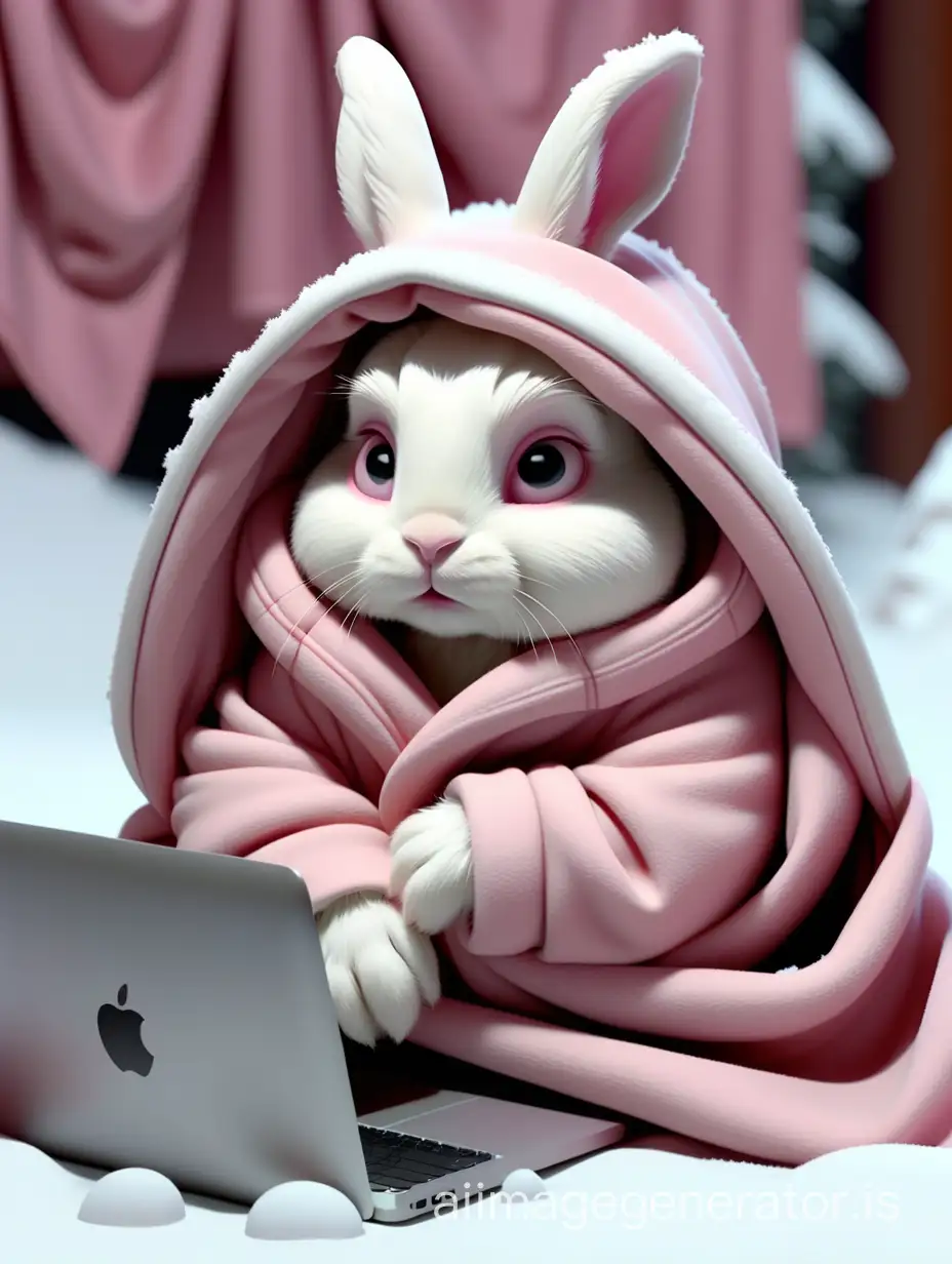 Cute little white rabbit hides in a warm blanket using a Mac computer, thinking hard. Background is snowy, 4k resolution, in shades of pink.
