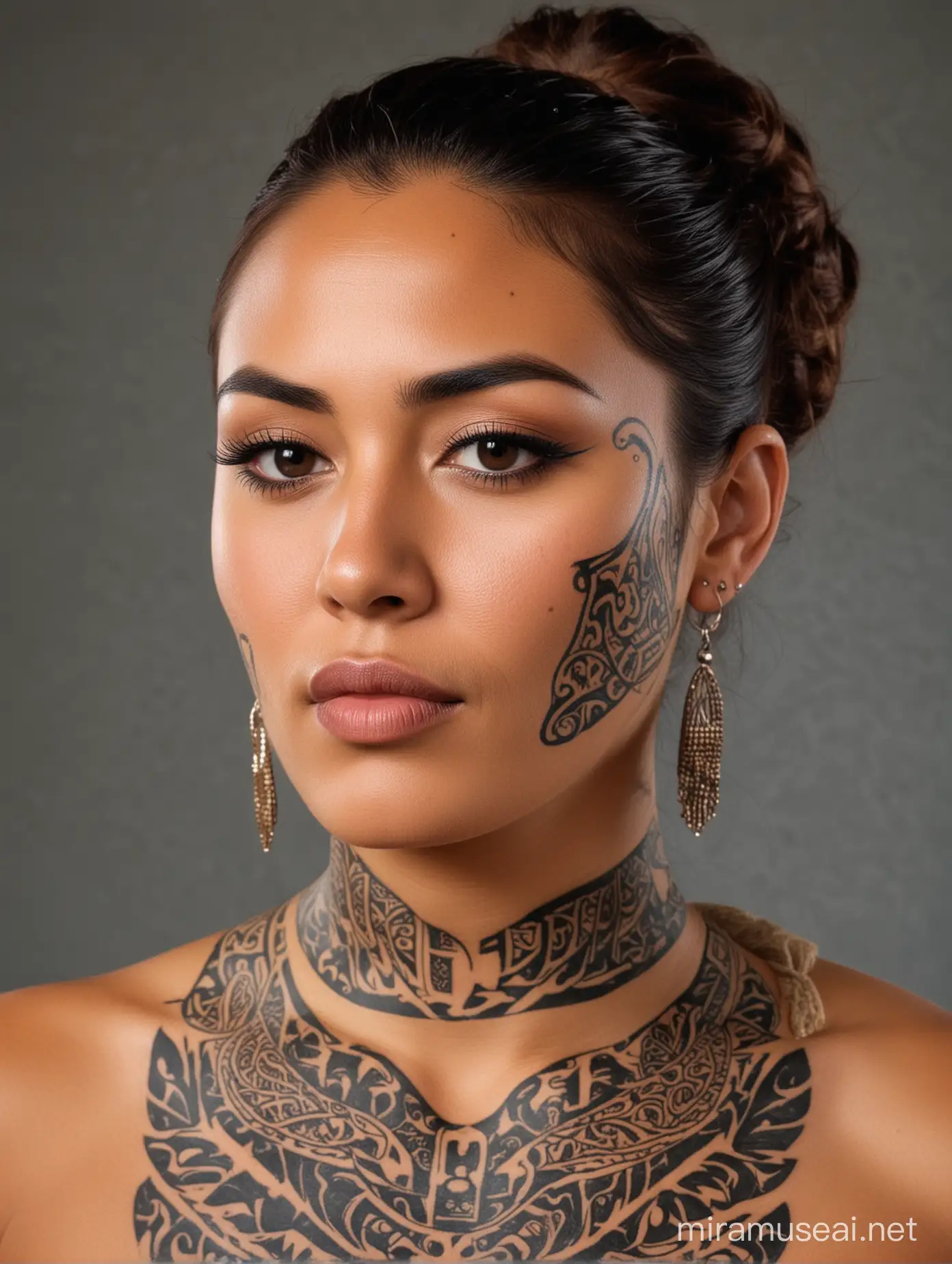 Sexy Maori lady with a traditional tattoo on her chin.