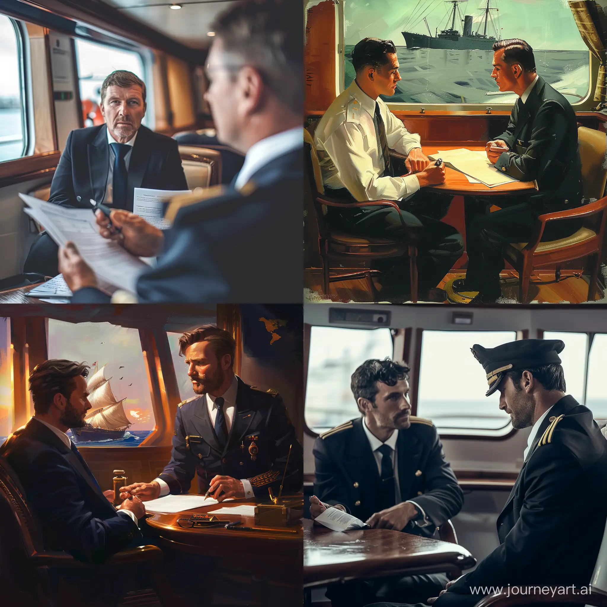 A ship captain conducting a job interview on his ship --v 6 --ar 1:1 --no 79934