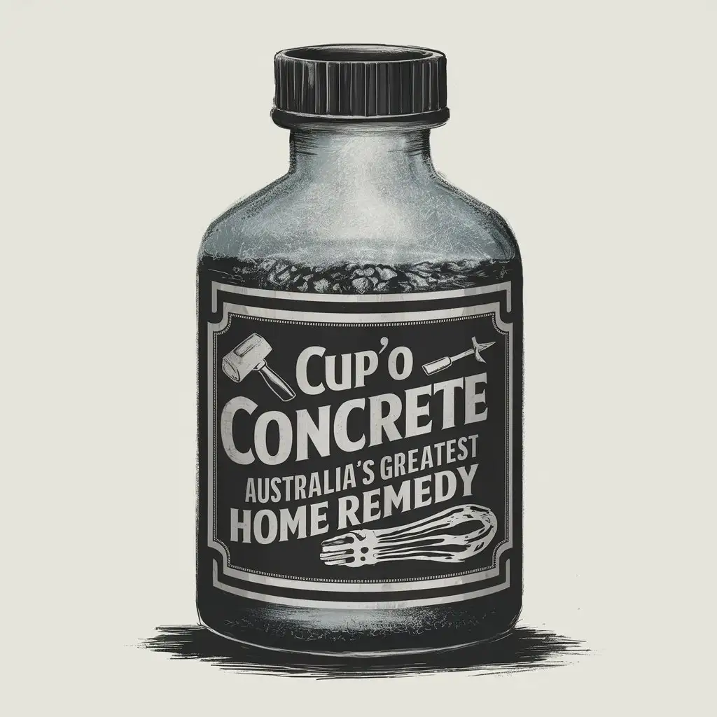 An Illustration of a medicine Bottle with a grey liquid inside. On the Label of the Bottle it has the words 
CUP'O'CONCRETE
AUSTRALIA'S GREATEST HOME REMEDY