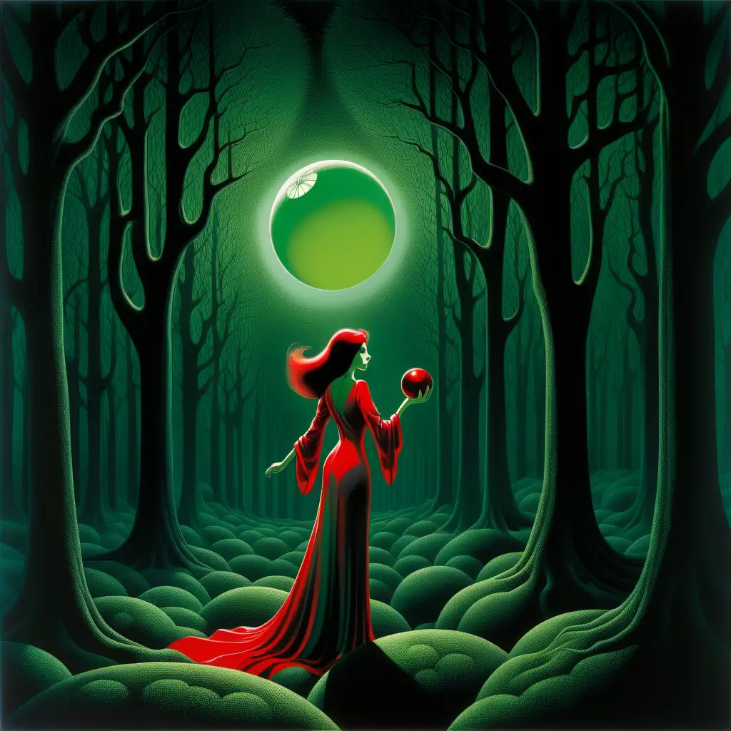 Female magician red hair in a dark green dress with magic orb in forest at night painted by Eyvind Earle