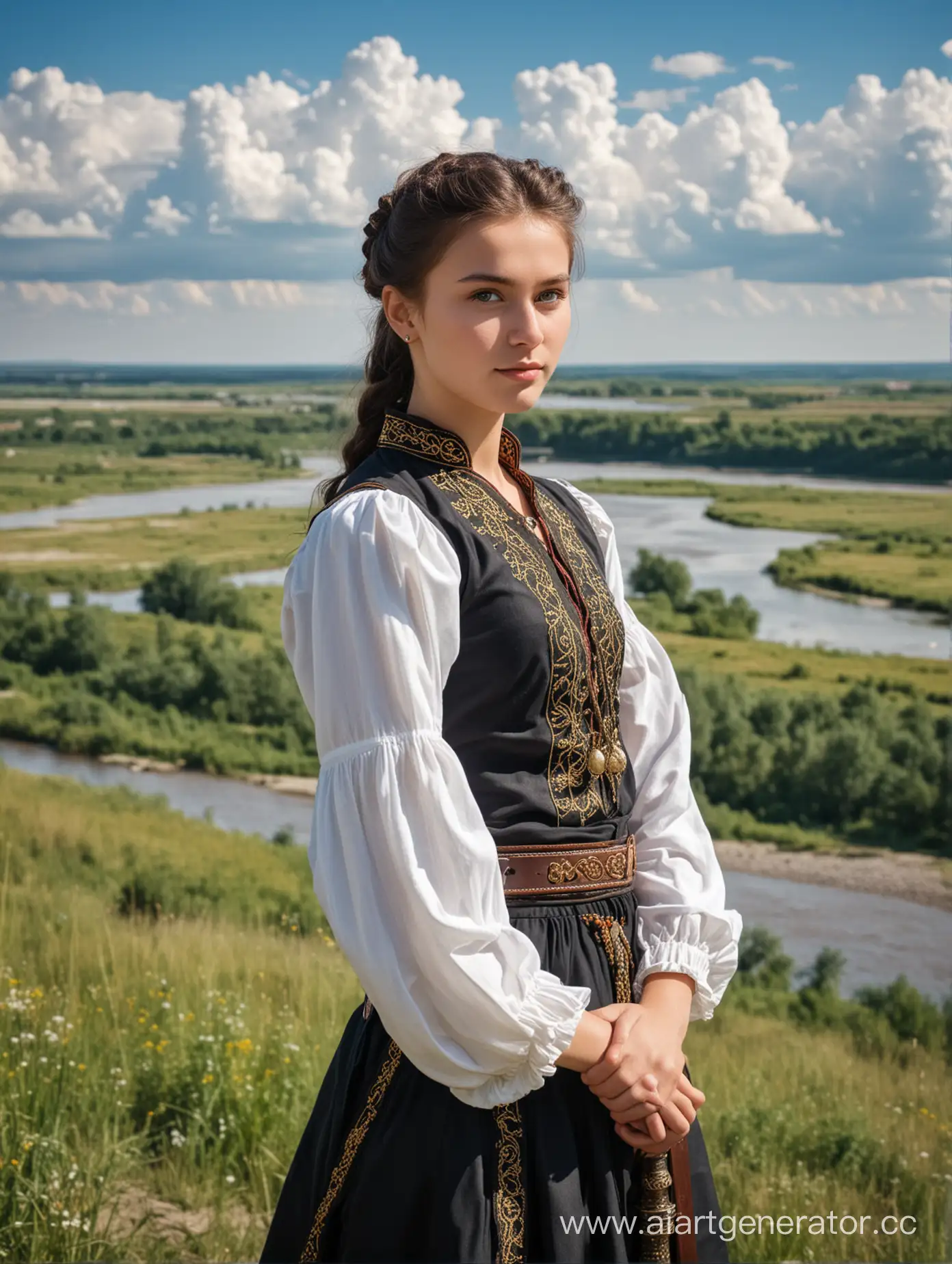 Youthful-Cossack-Girl-Embracing-Nature-at-a-Kuren-with-River-and-Clouds