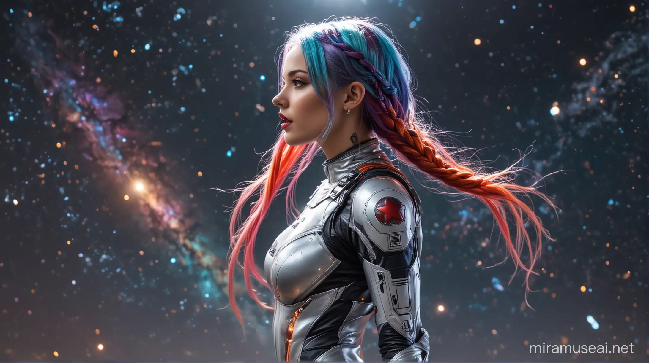 Slender Young Girl in Combat Spacesuit with Rainbow Hair and Glowing Tattoos