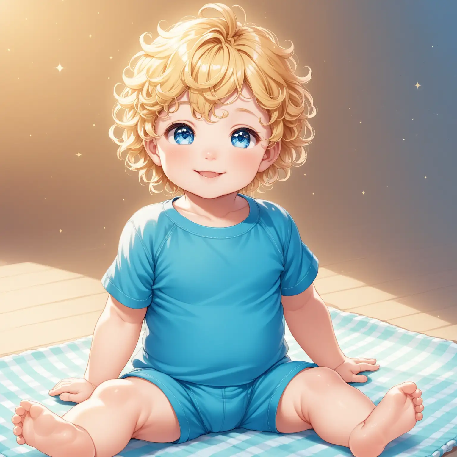 baby boy, big blue eyes, blonde curly hair, smiling, blue outfit, sitting on a blanket, 