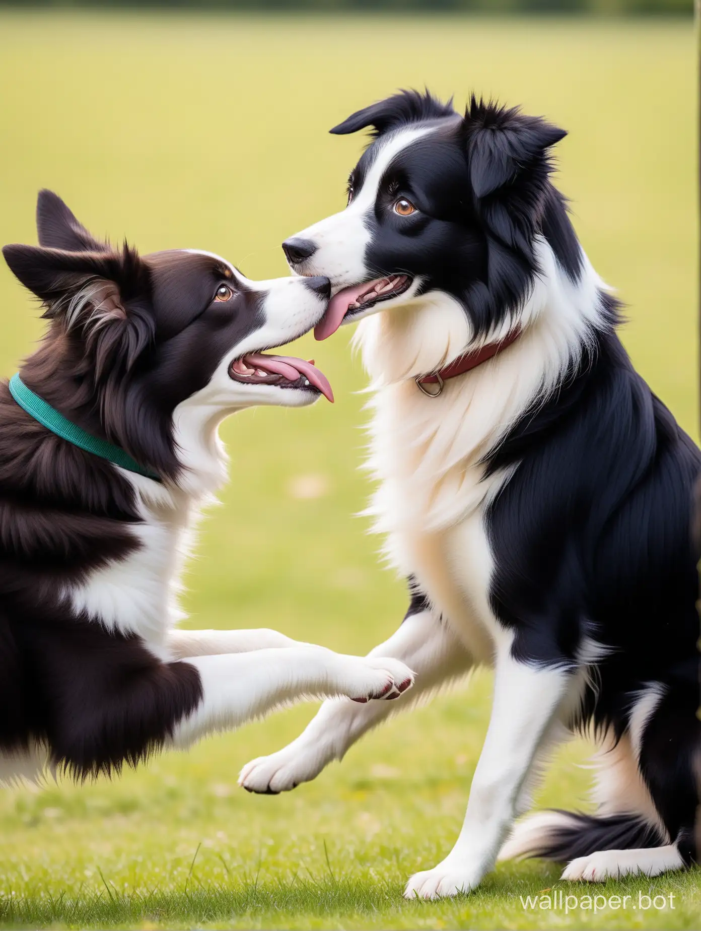 a border collie with the right ear down, brown eyes, playing with another dog, and the border collie being black and white