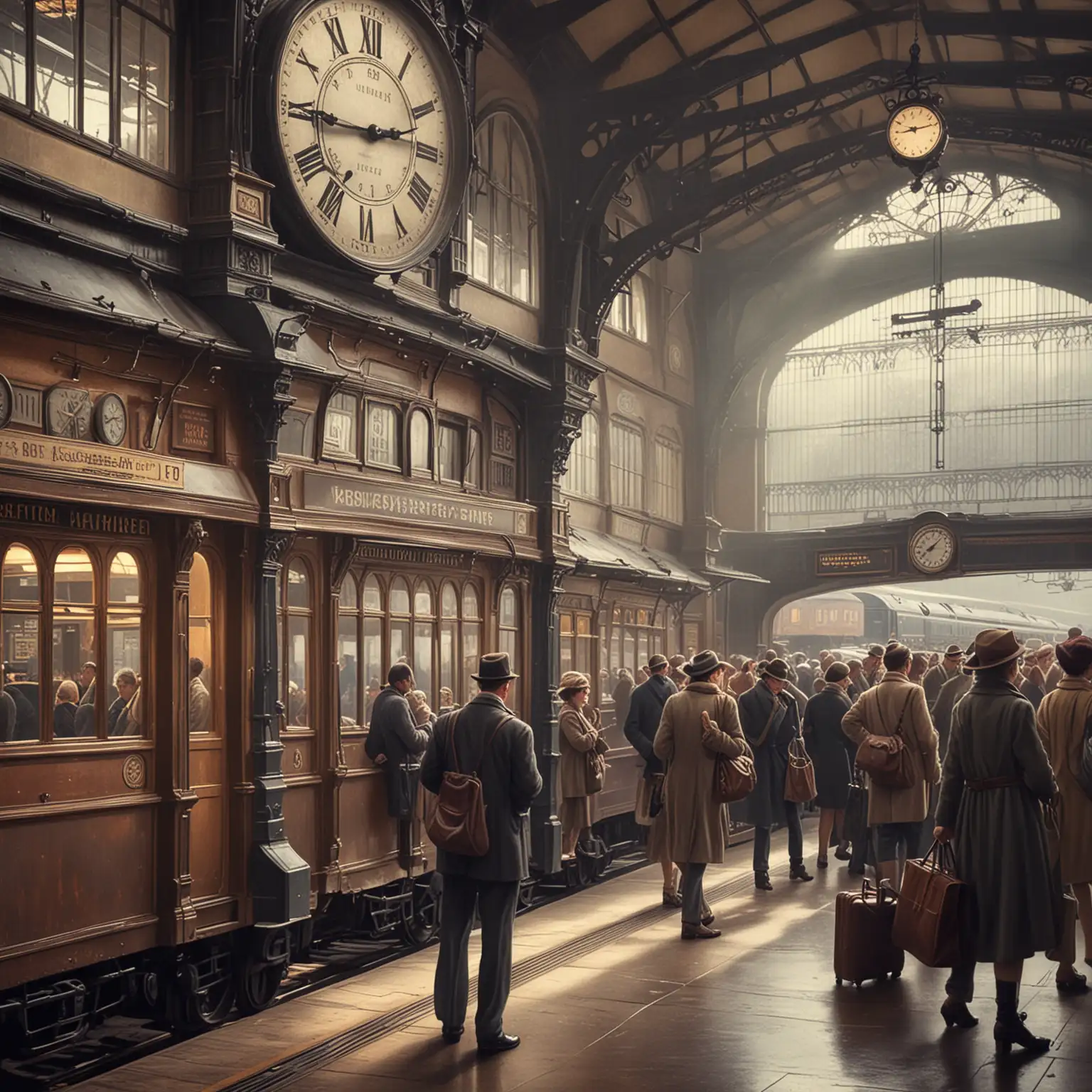 A bustling train station with passengers waiting on platforms, trains arriving, and a vintage clock, high detail, transportation, historic
