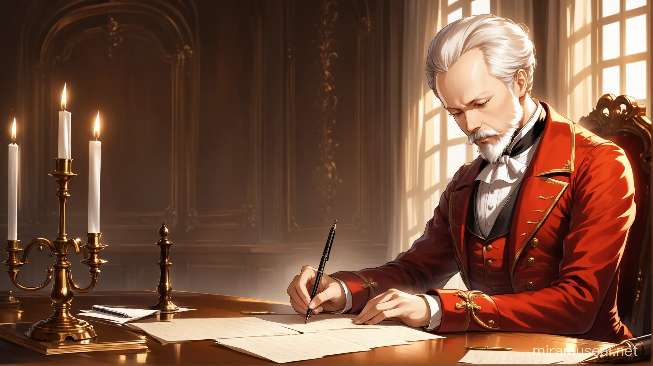 Чайковский за столом пишет ноты в комнате в стиле барокко 